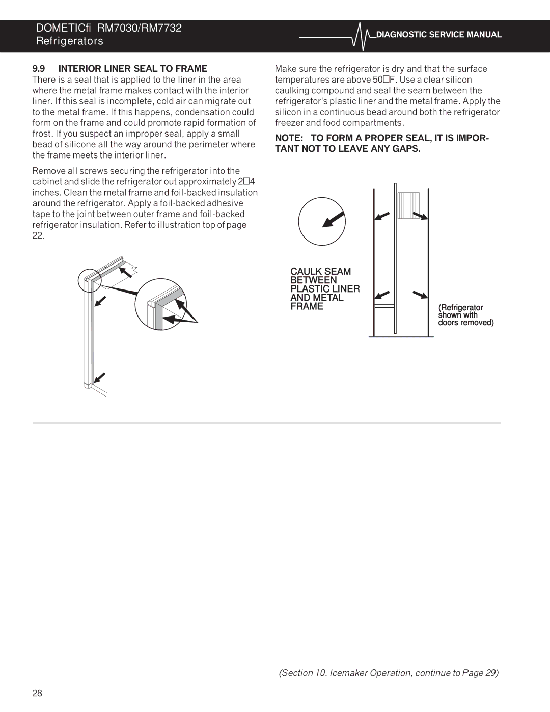 Dometic RM7030, RM7732 service manual Interior Liner Seal to Frame 