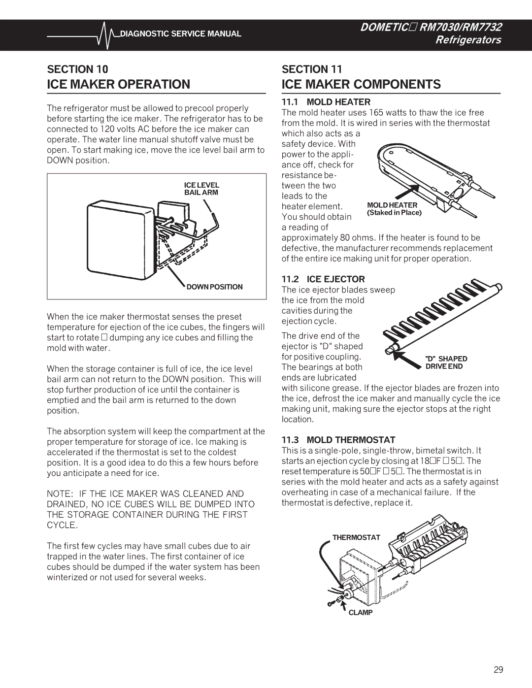 Dometic RM7732, RM7030 service manual ICE Maker Operation, ICE Maker Components, Mold Heater, ICE Ejector, Mold Thermostat 