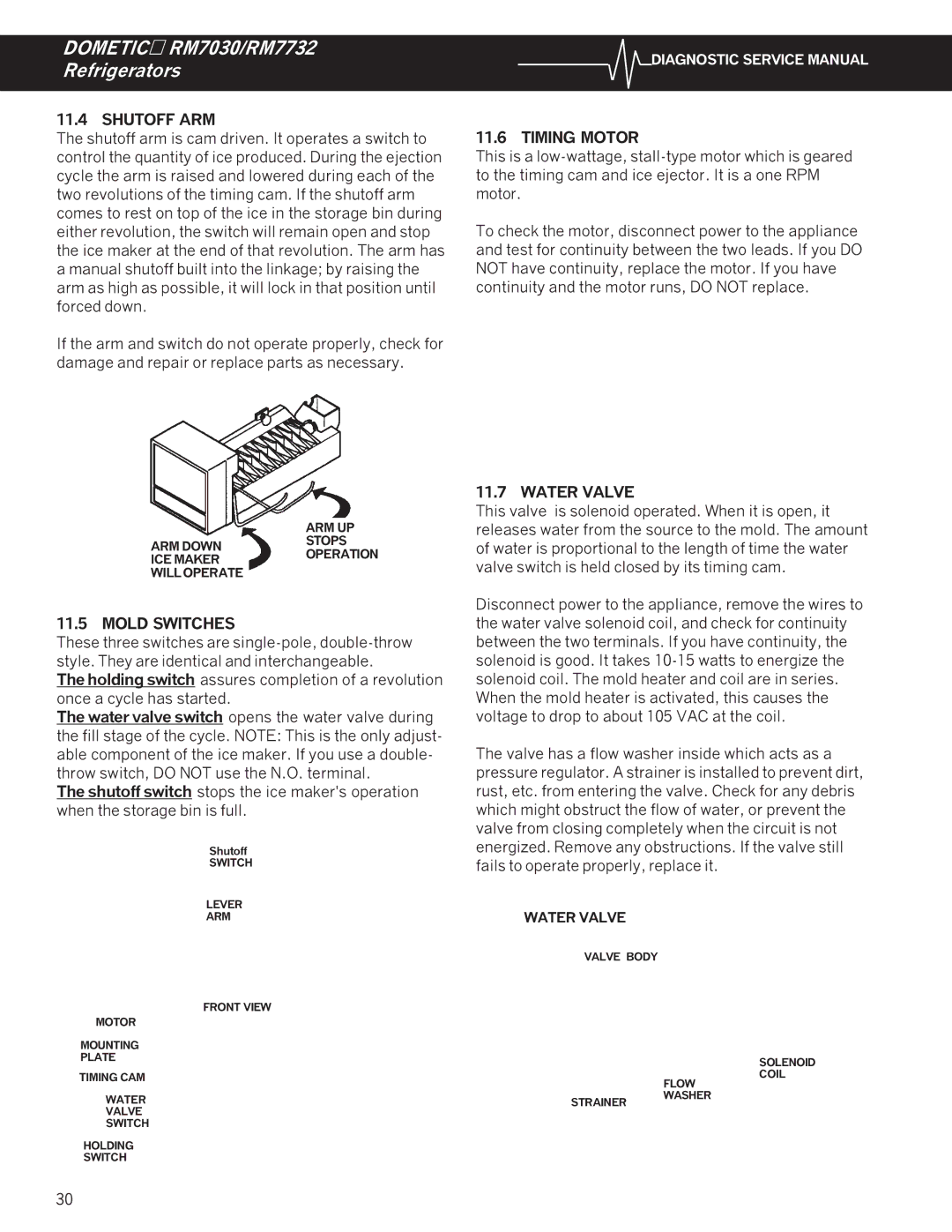 Dometic RM7030, RM7732 service manual Shutoff ARM, Timing Motor, Mold Switches, Water Valve 