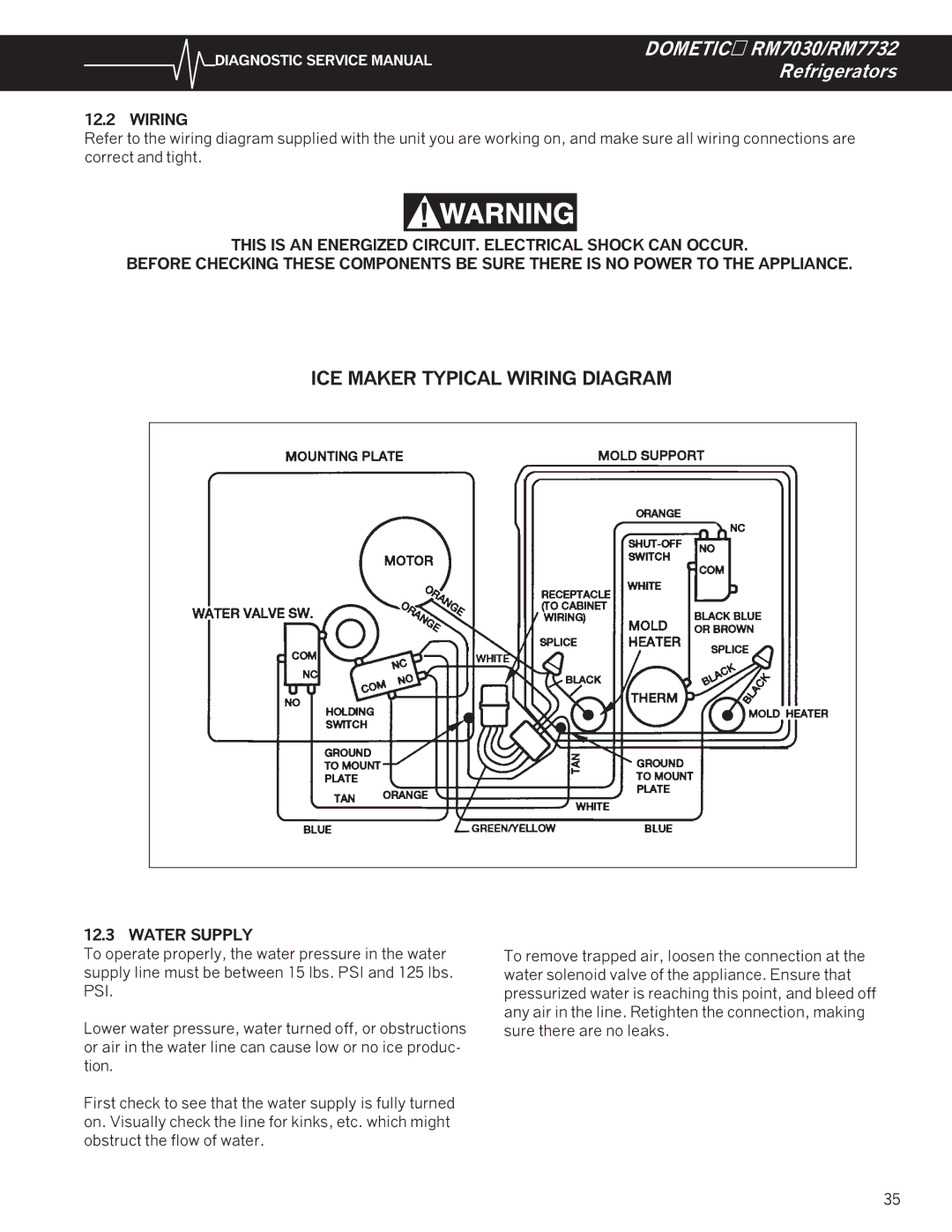 Dometic RM7732, RM7030 service manual ICE Maker Typical Wiring Diagram, Water Supply 