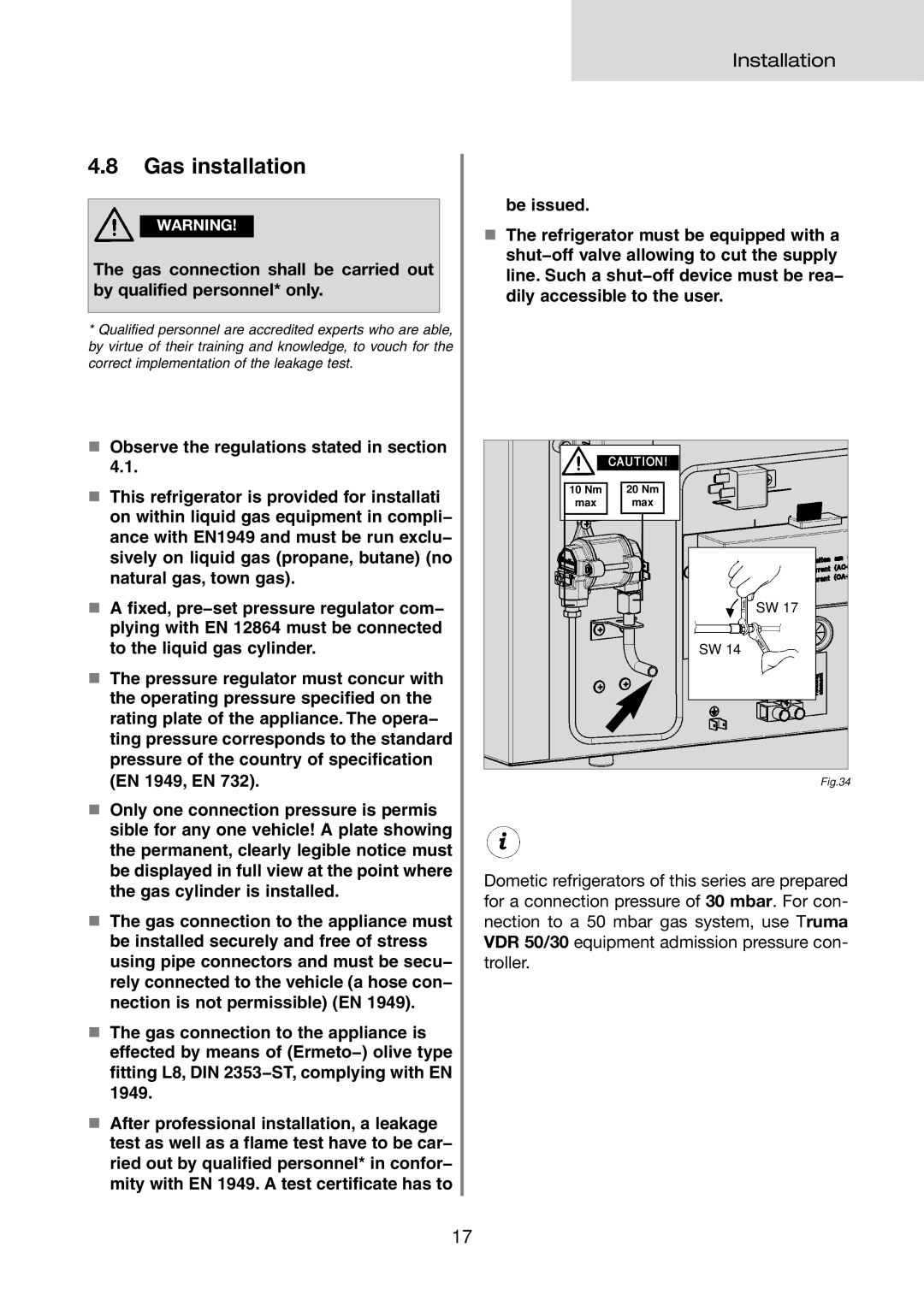 Dometic RMD 8501, RMD 8505, RMD 8551, RMD 8555 installation instructions Gas installation 