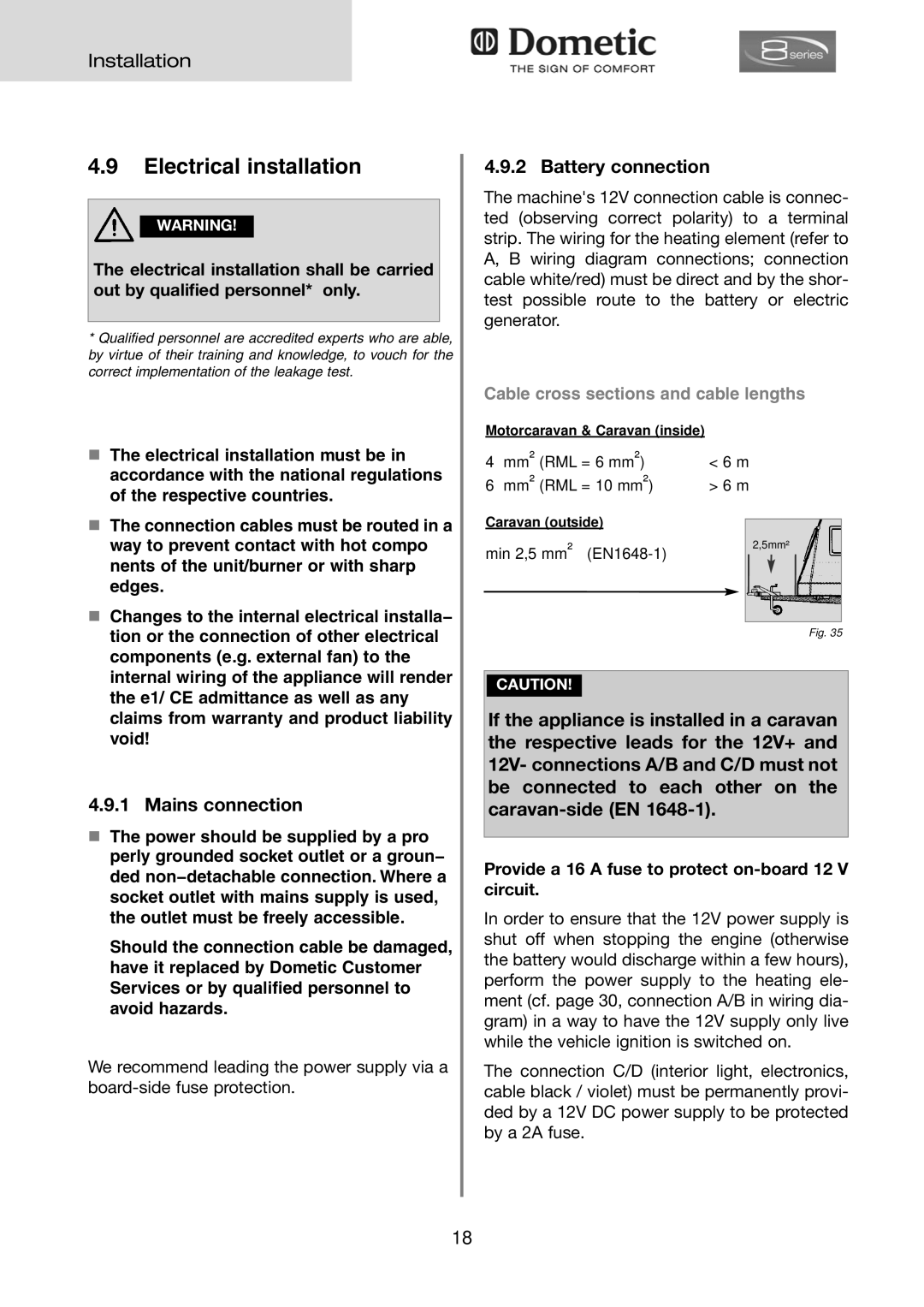 Dometic RMD 8551 Electrical installation, Mains connection, Battery connection, Cable cross sections and cable lengths 