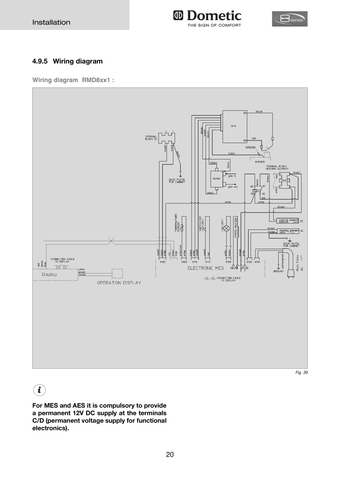 Dometic RMD 8505, RMD 8501, RMD 8551, RMD 8555 installation instructions Wiring diagram RMD8xx1 