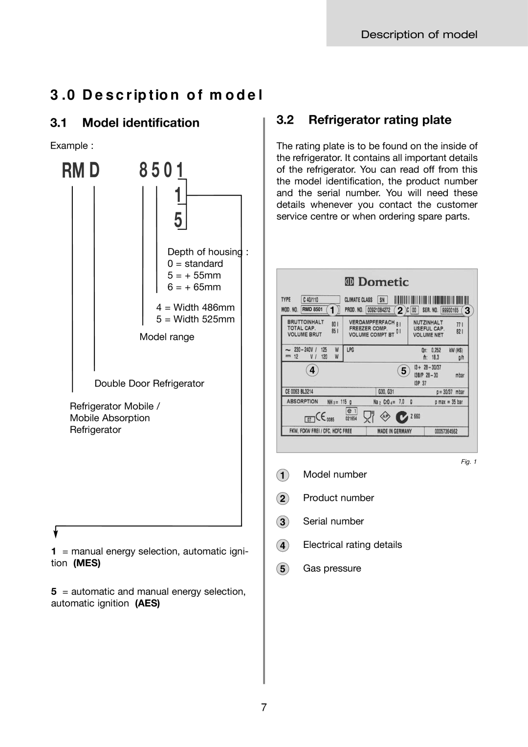 Dometic RMD 8555, RMD 8505, RMD 8501, RMD 8551 Description of model, Model identification, Refrigerator rating plate 