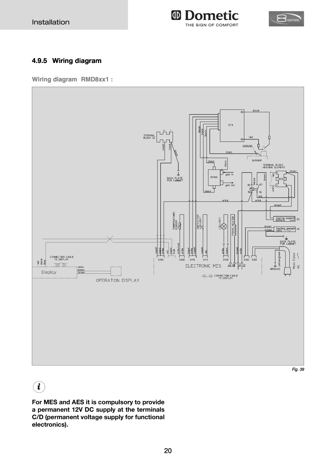 Dometic RMD 8505, RMD 8501, RMD 8551, RMD 8555 installation instructions Wiring diagram RMD8xx1, Installation 