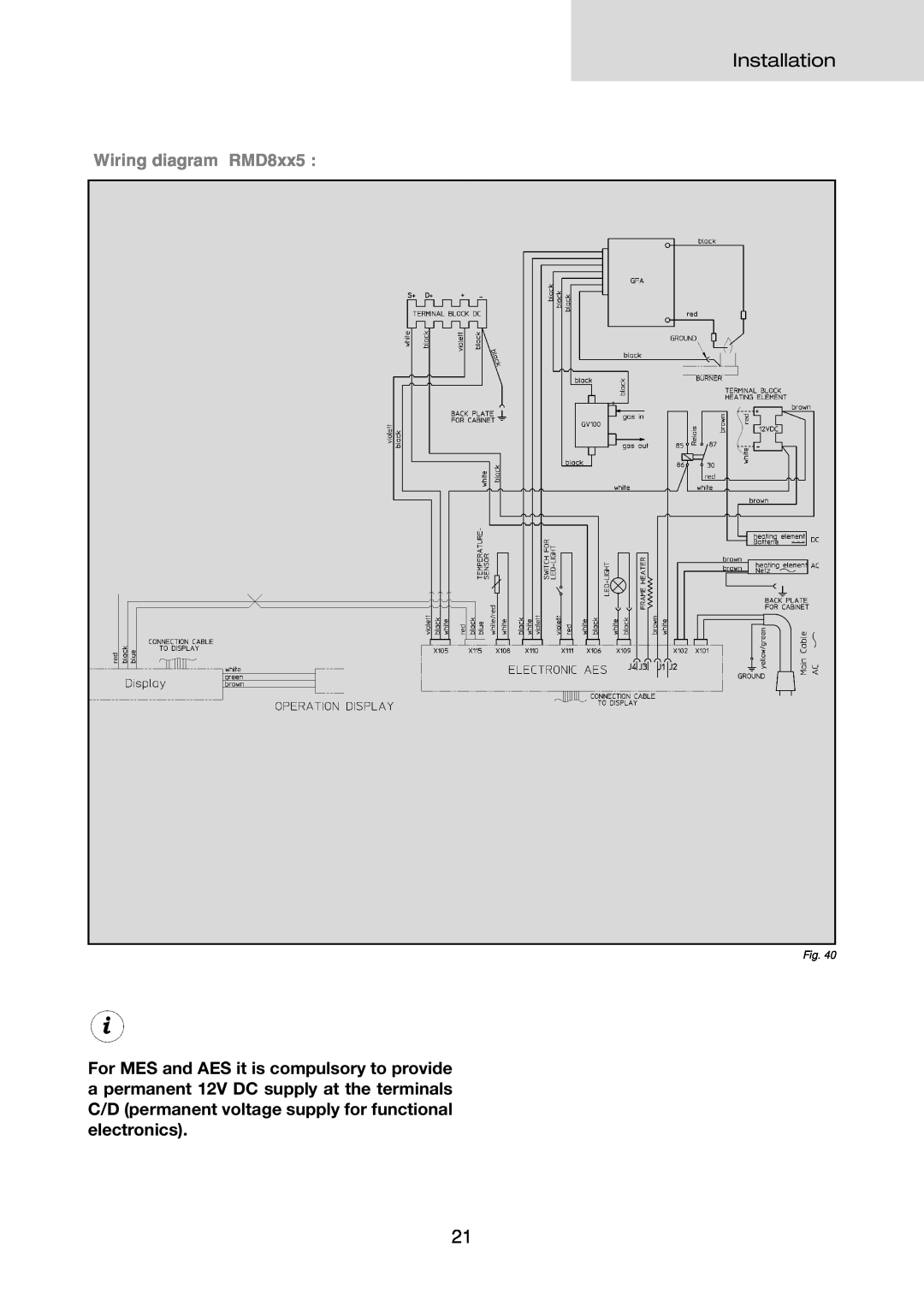 Dometic RMD 8501, RMD 8505, RMD 8551, RMD 8555 installation instructions Wiring diagram RMD8xx5, Installation 