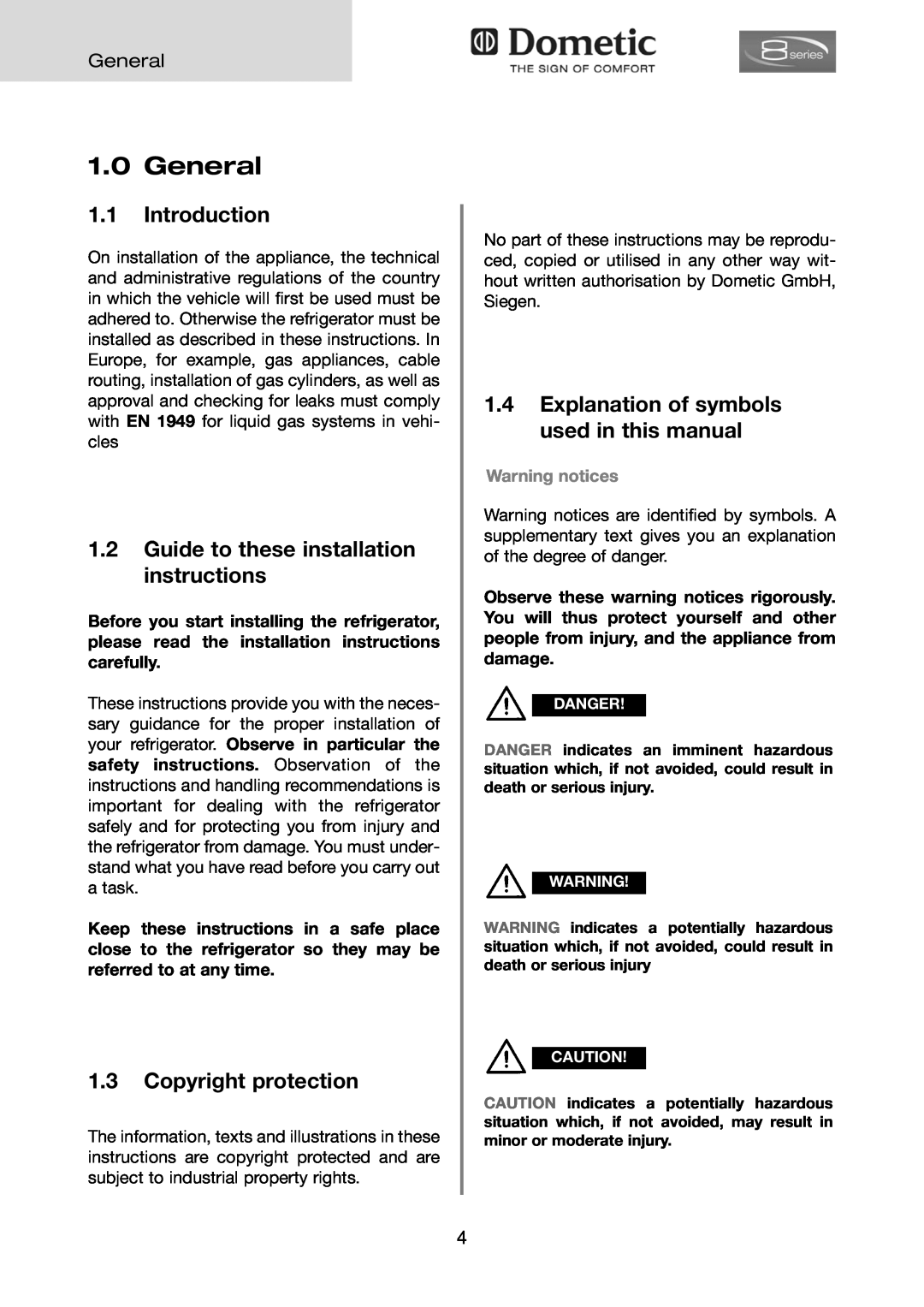 Dometic RMD 8505 General, Introduction, Guide to these installation instructions, Copyright protection, Warning notices 
