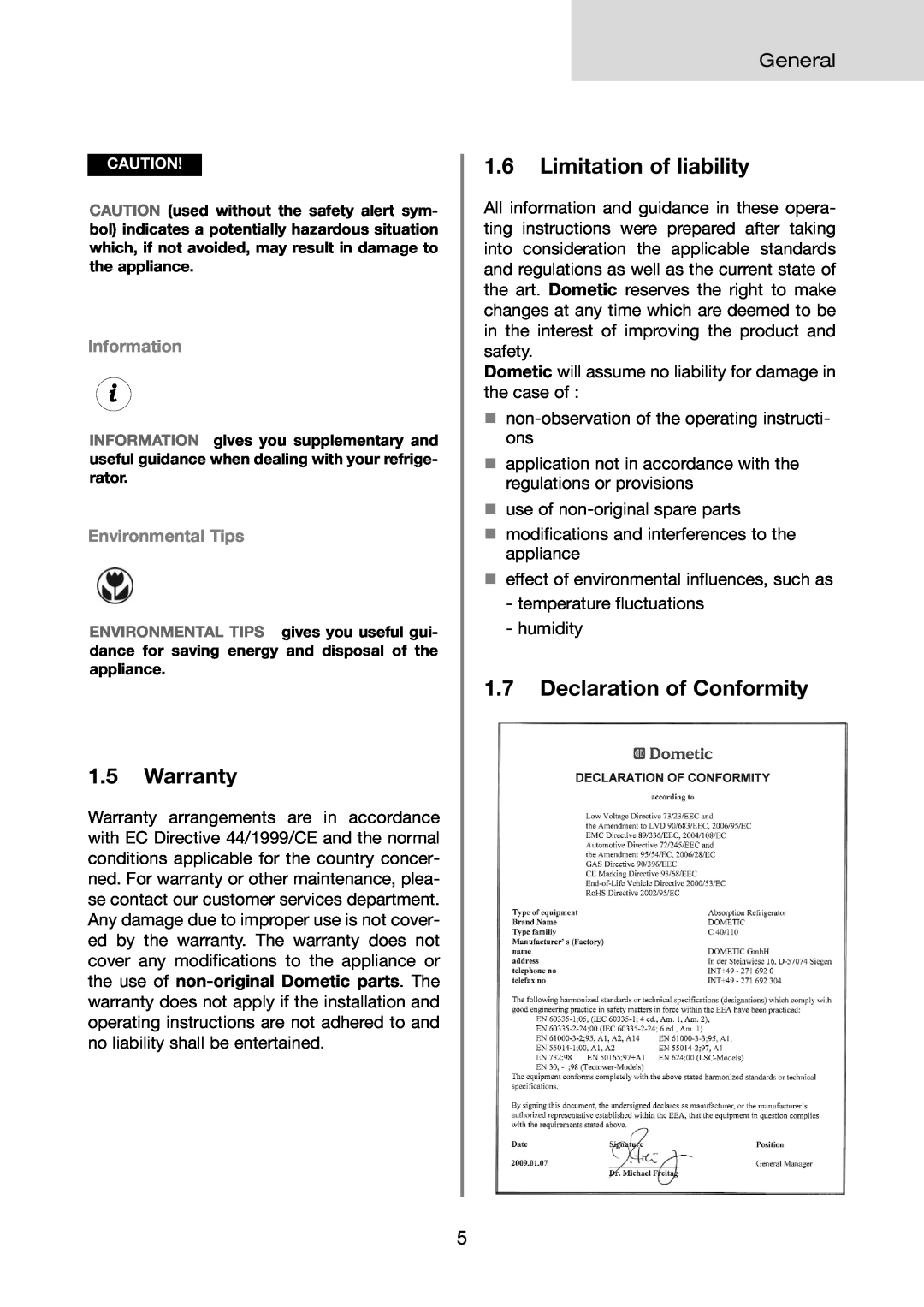 Dometic RMD 8501 Warranty, Limitation of liability, Declaration of Conformity, Information, Environmental Tips, General 