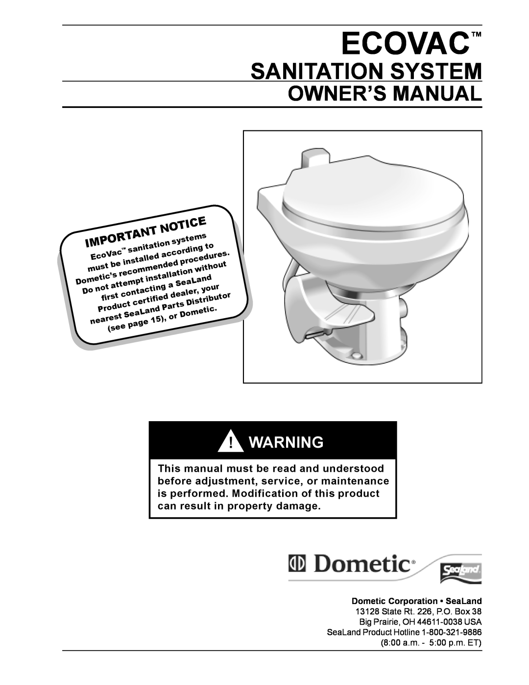 Dometic SANITATION SYSTEM owner manual Ecovac, Sanitation System, Dometic Corporation SeaLand 
