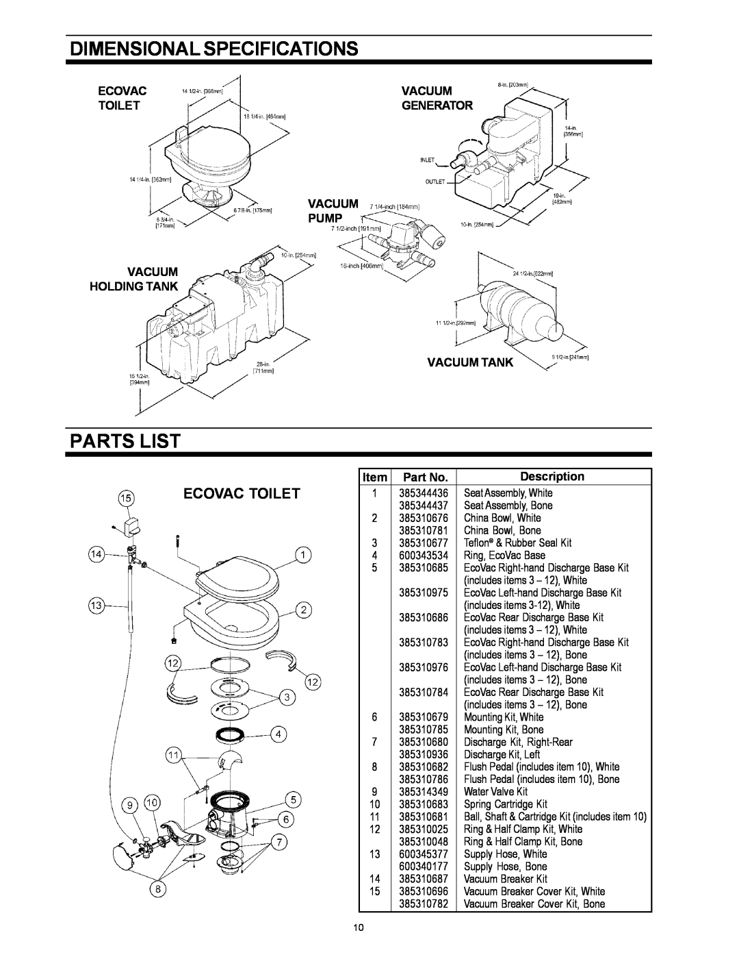 Dometic SANITATION SYSTEM owner manual Dimensional Specifications, Parts List, Ecovac Toilet, Vacuum, Description 