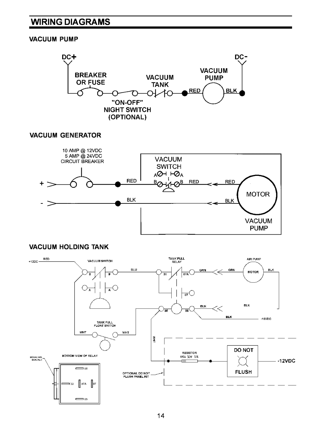 Dometic SANITATION SYSTEM owner manual Wiring Diagrams, Vacuum Pump Vacuum Generator Vacuum Holding Tank 