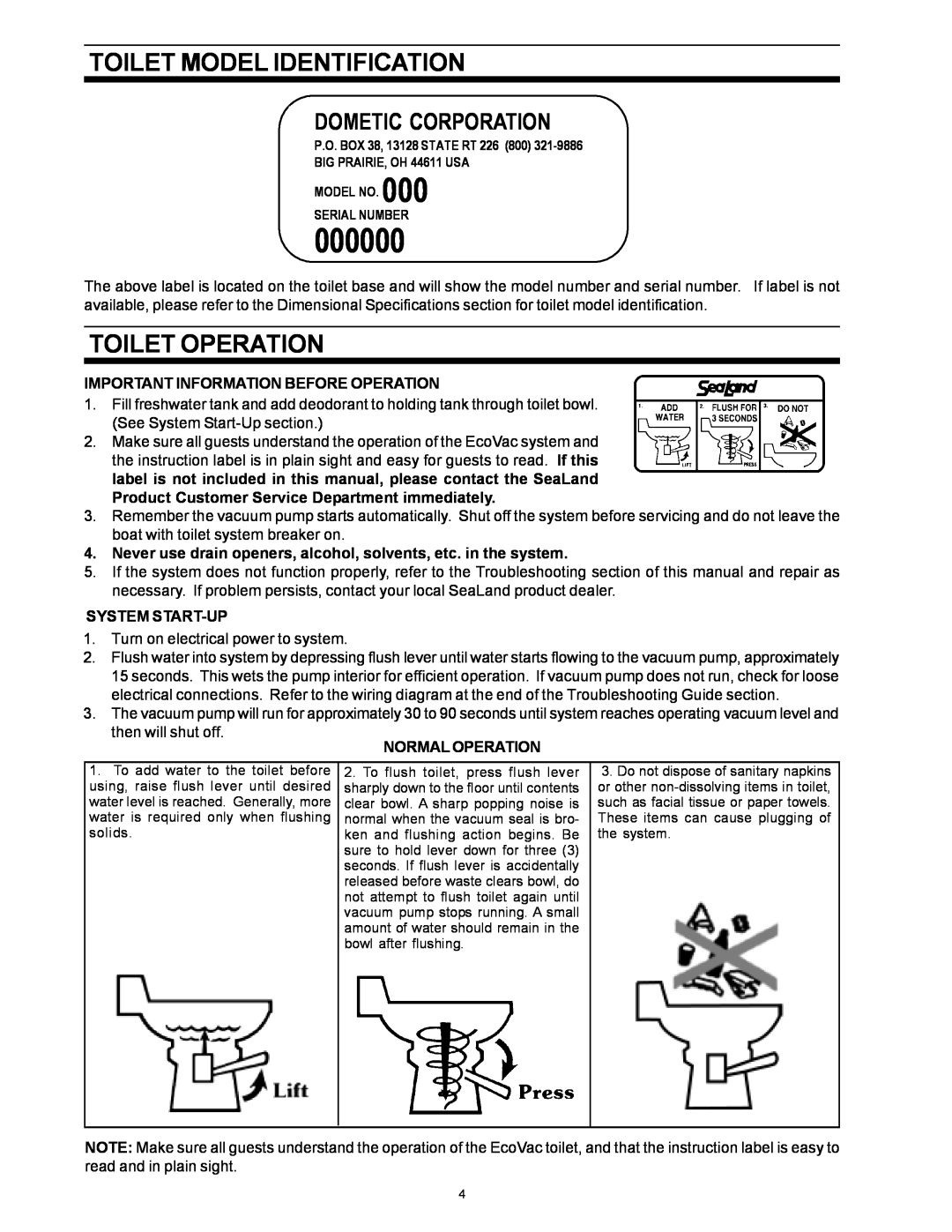Dometic SANITATION SYSTEM Toilet Model Identification, Toilet Operation, 000000, Dometic Corporation, System Start-Up 