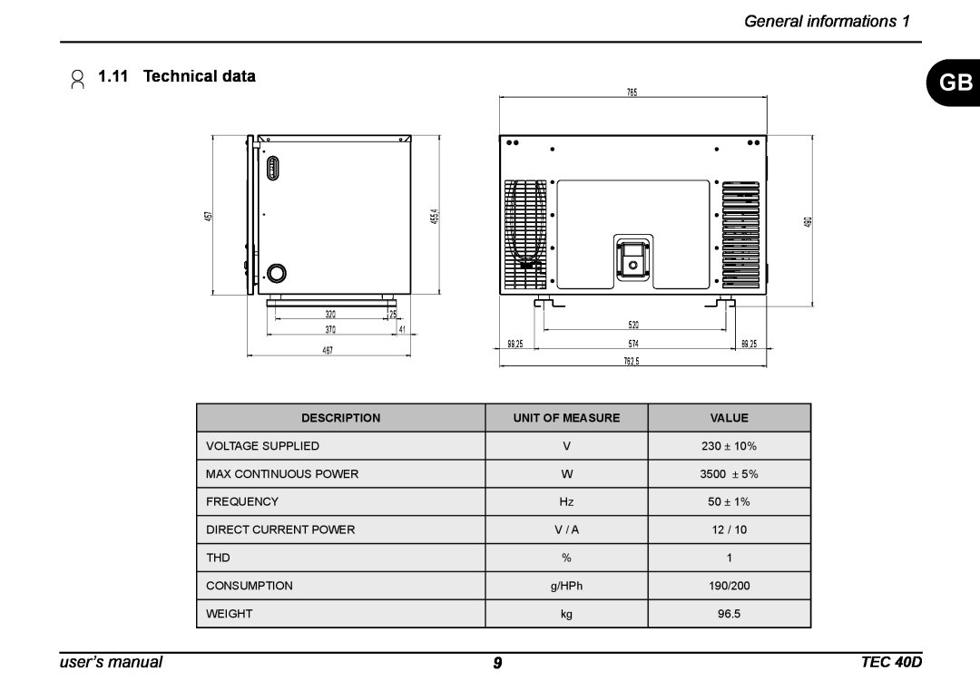 Dometic TEC 40D installation manual Technical data, General informations, user’s manual 