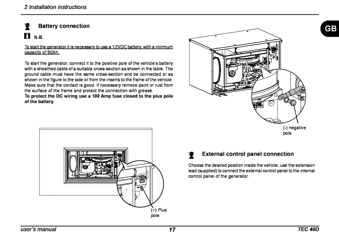 Dometic TEC 40D Battery connection, user’s manual, External control panel connection, Installation instructions 