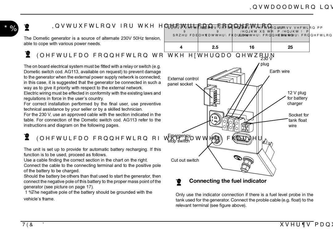 Dometic TEC 40D Instructions for the electrical connection, Electrical connection to the external network 