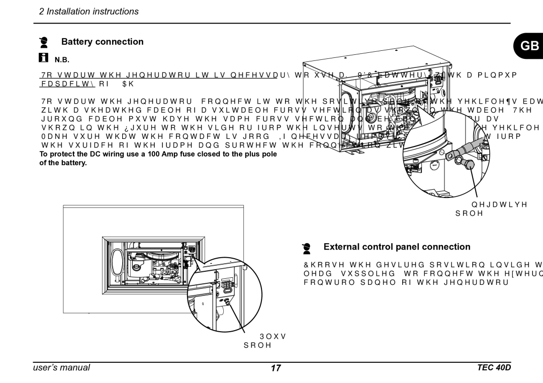 Dometic TEC 40D installation manual Battery connection, External control panel connection 