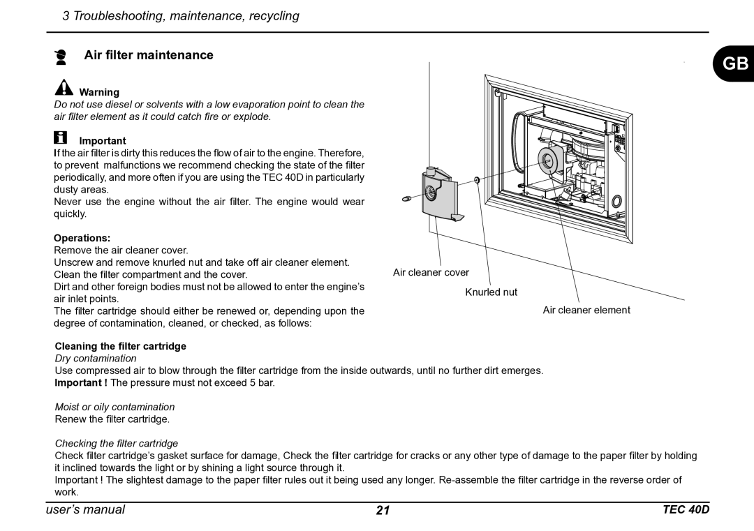 Dometic TEC 40D installation manual Air ﬁlter maintenance, Operations 