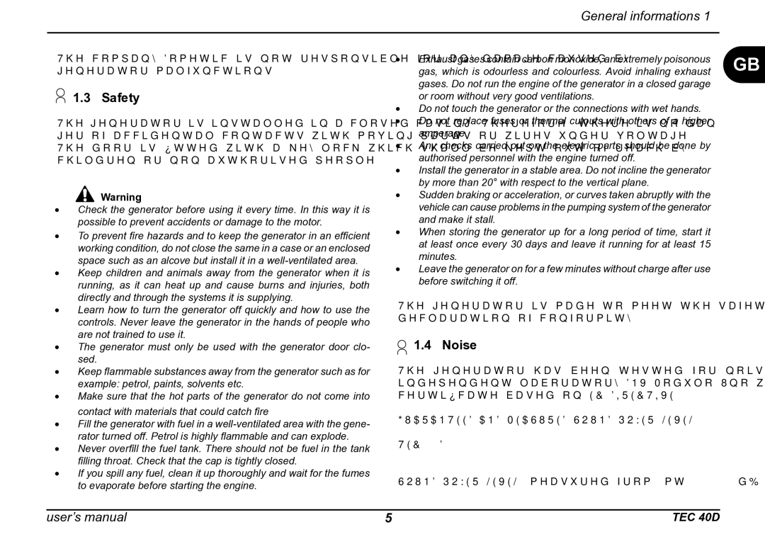 Dometic TEC 40D installation manual Safety, Noise 