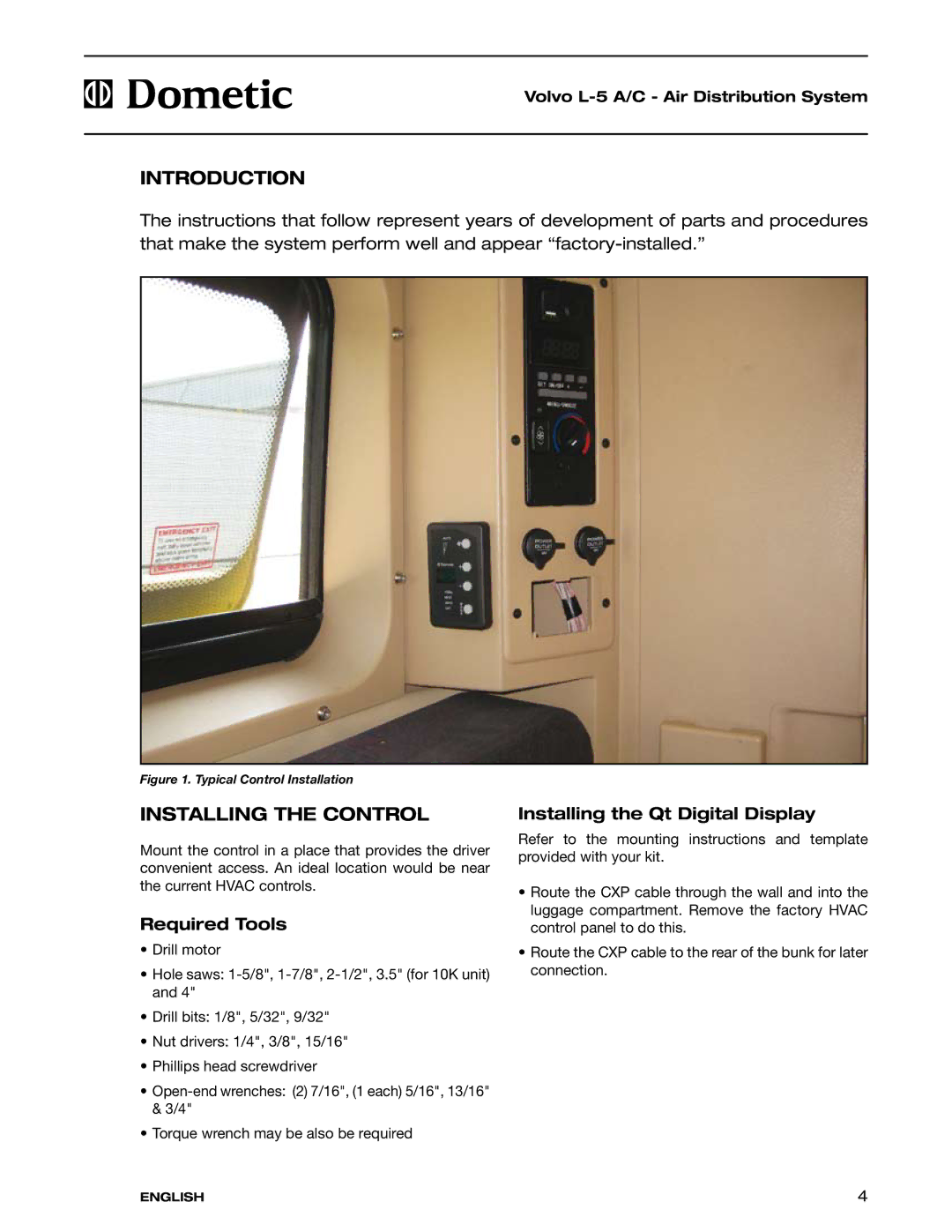 Dometic VN 830, VN 770, VN 880, VN 780 manual Installing the Control, Required Tools, Installing the Qt Digital Display 