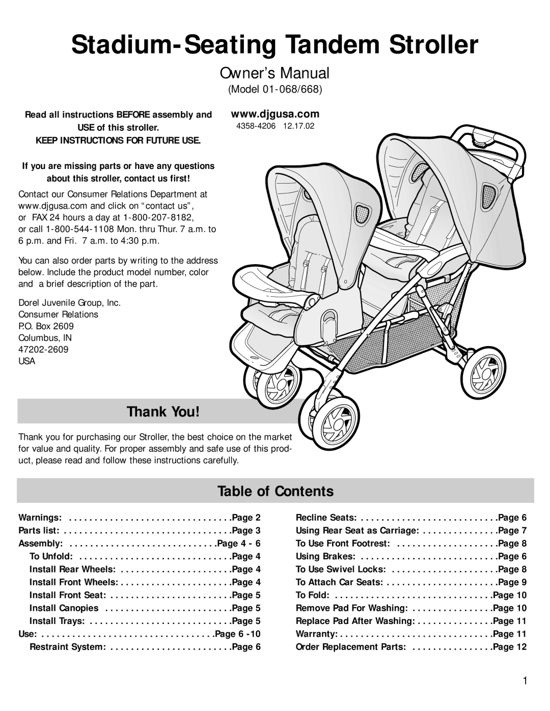 Dorel 01-068 manual Thank You, Table of Contents 