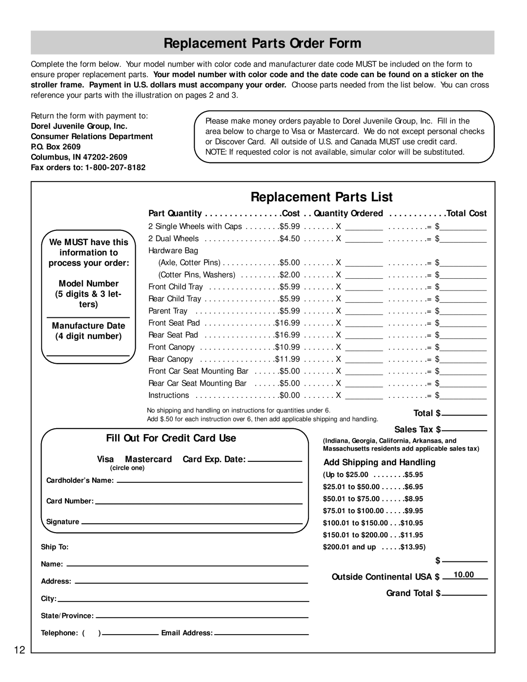 Dorel 01-068 manual Replacement Parts Order Form, Replacement Parts List, Fill Out For Credit Card Use 