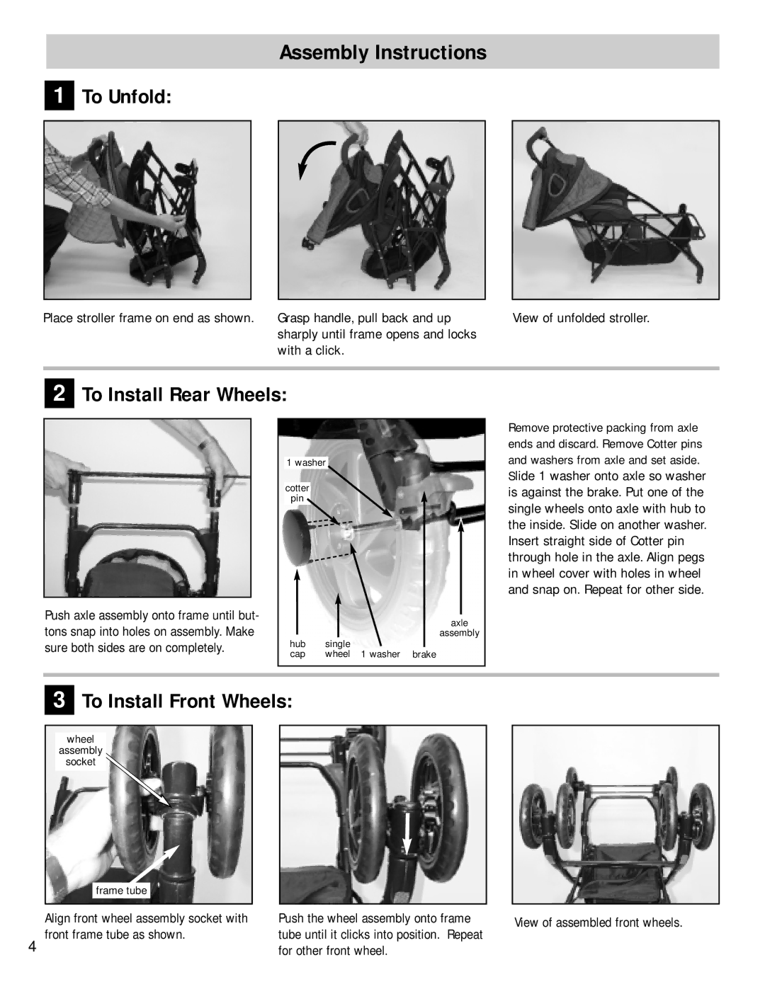 Dorel 01-068 manual Assembly Instructions To Unfold, To Install Rear Wheels, To Install Front Wheels 