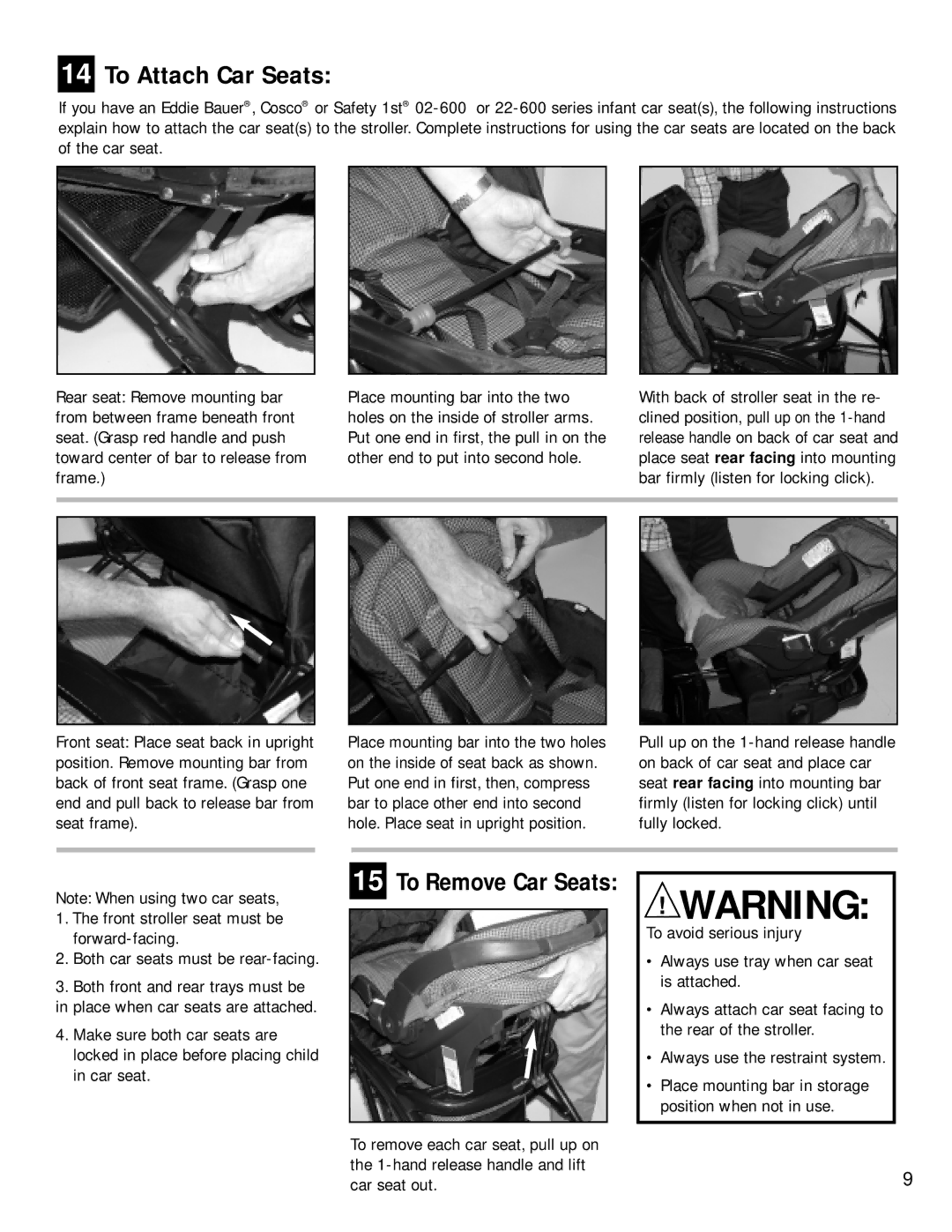 Dorel 01-068 manual To Attach Car Seats, Put one end in first, then, compress, Bar to place other end into second 