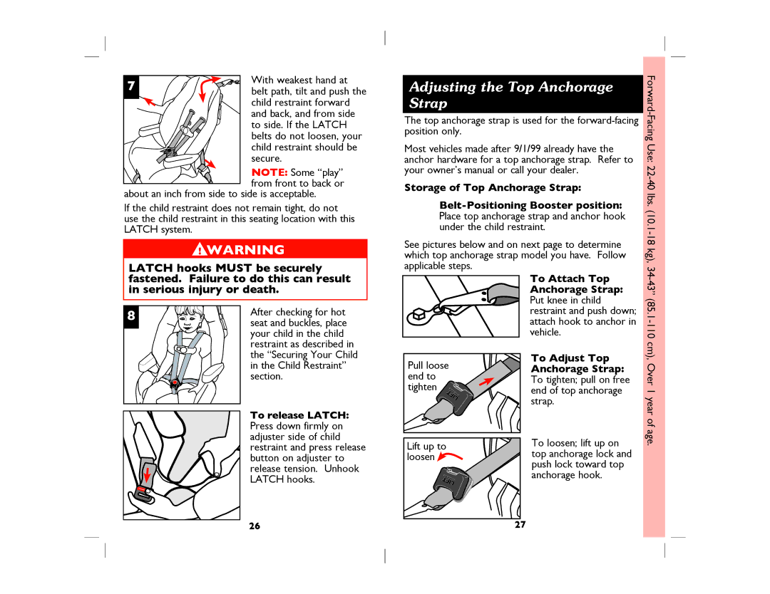 Dorel Eng. 4358-5936 Adjusting the Top Anchorage Strap, Storage of Top Anchorage Strap, To Attach Top Anchorage Strap 