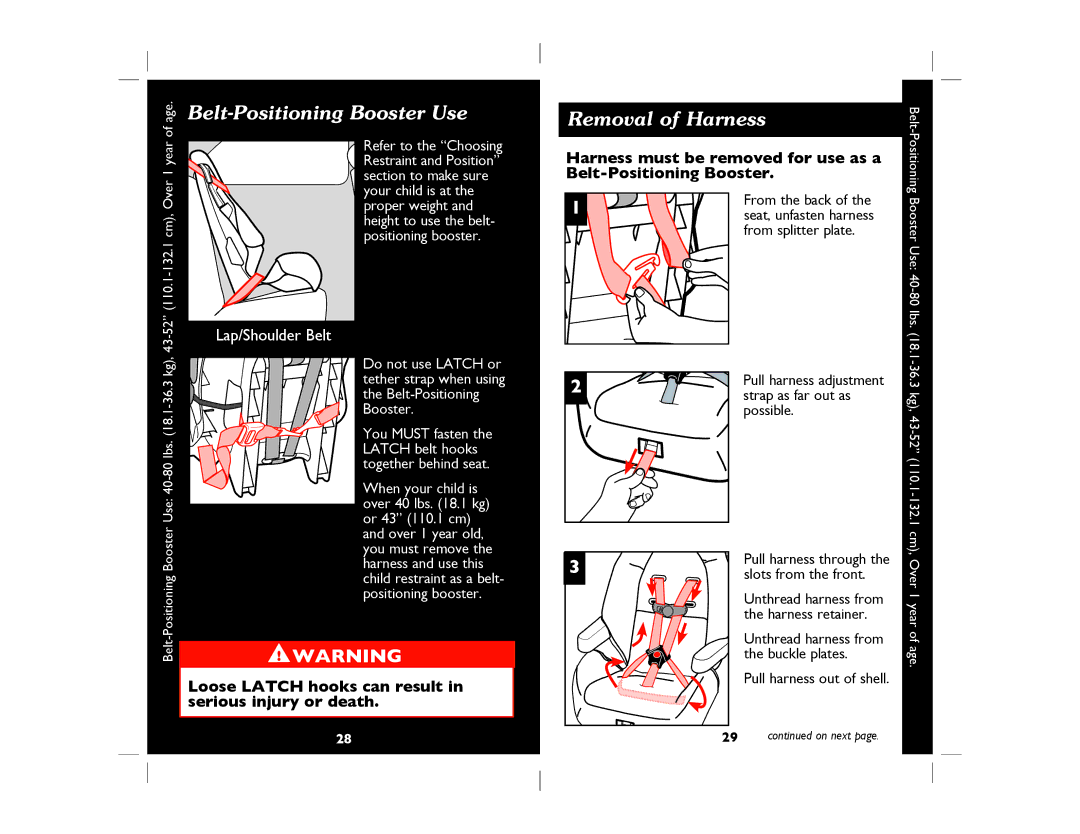 Dorel Eng. 4358-5936 manual Belt-Positioning Booster Use, Removal of Harness 