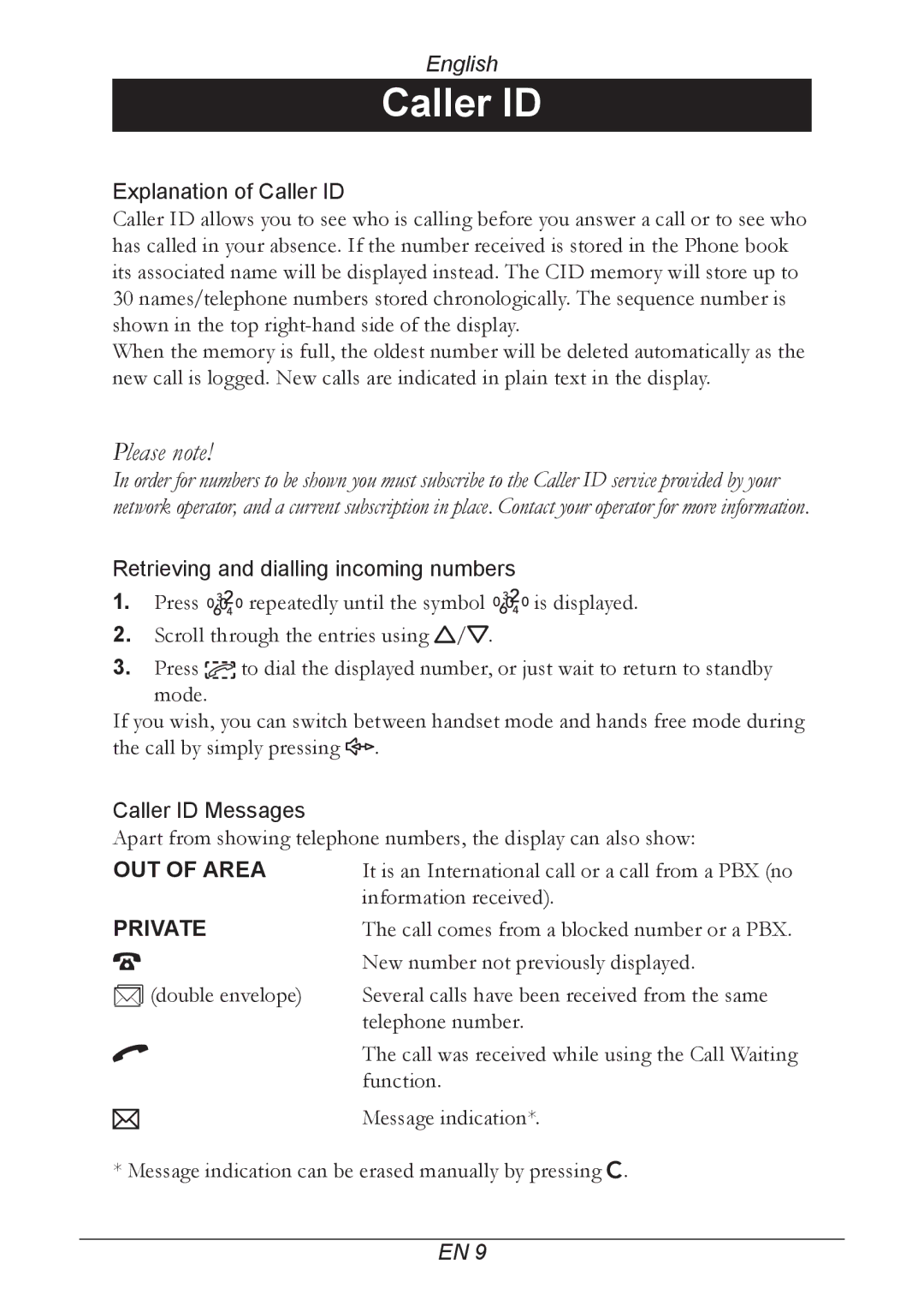 Doro 205 manual Caller ID, Private 