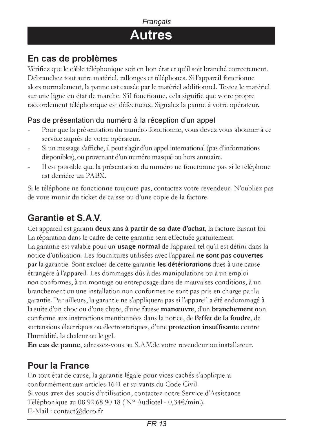 Doro 205 manual En cas de problèmes, Garantie et S.A.V, Pour la France 