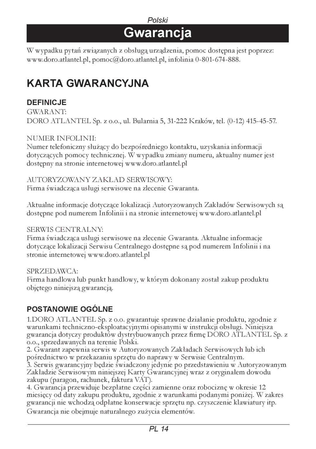 Doro 205 manual Gwarancja, Karta Gwarancyjna 