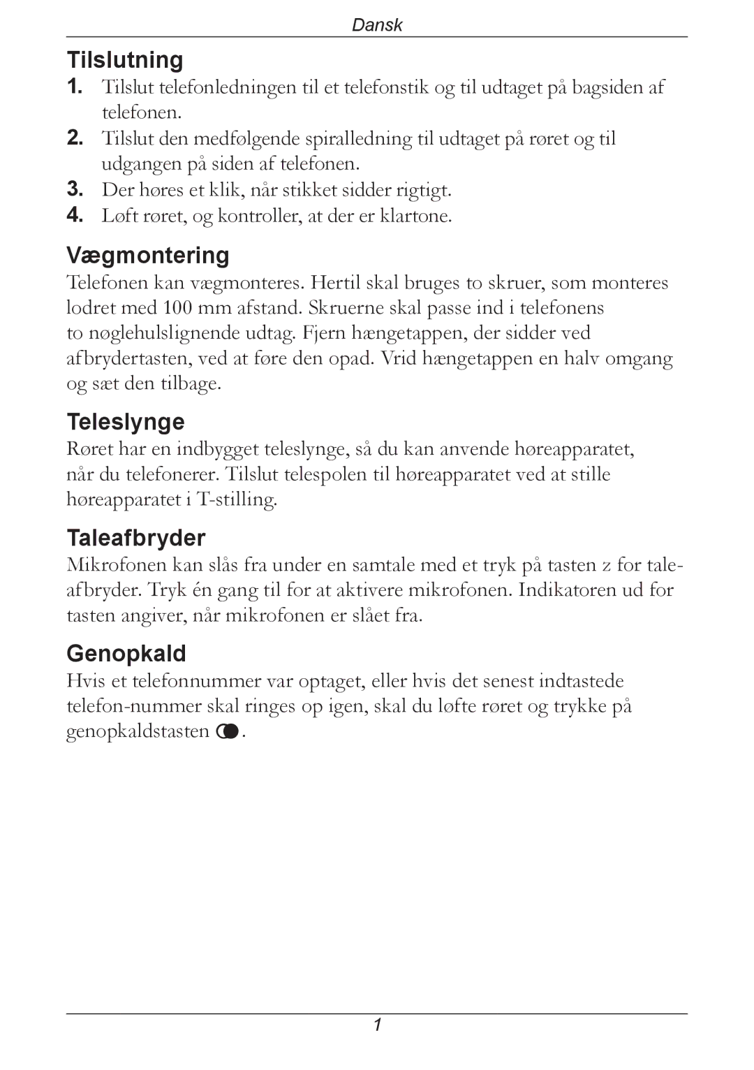 Doro 311C manual Tilslutning, Vægmontering, Teleslynge, Taleafbryder, Genopkald 