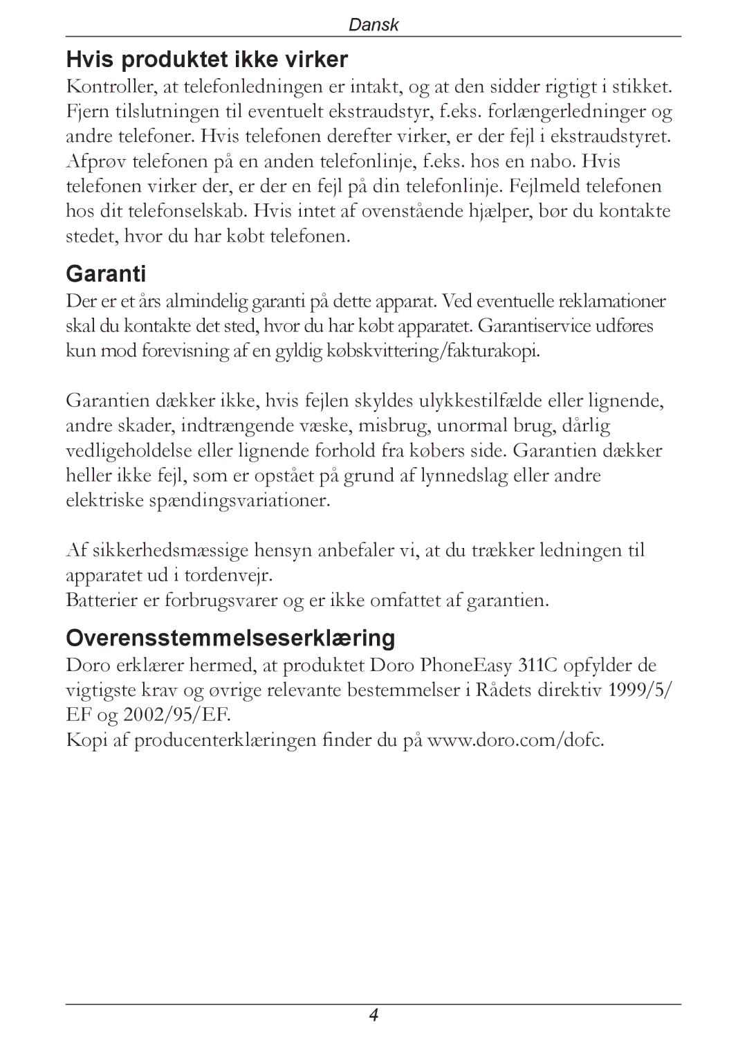 Doro 311C manual Hvis produktet ikke virker, Overensstemmelseserklæring 