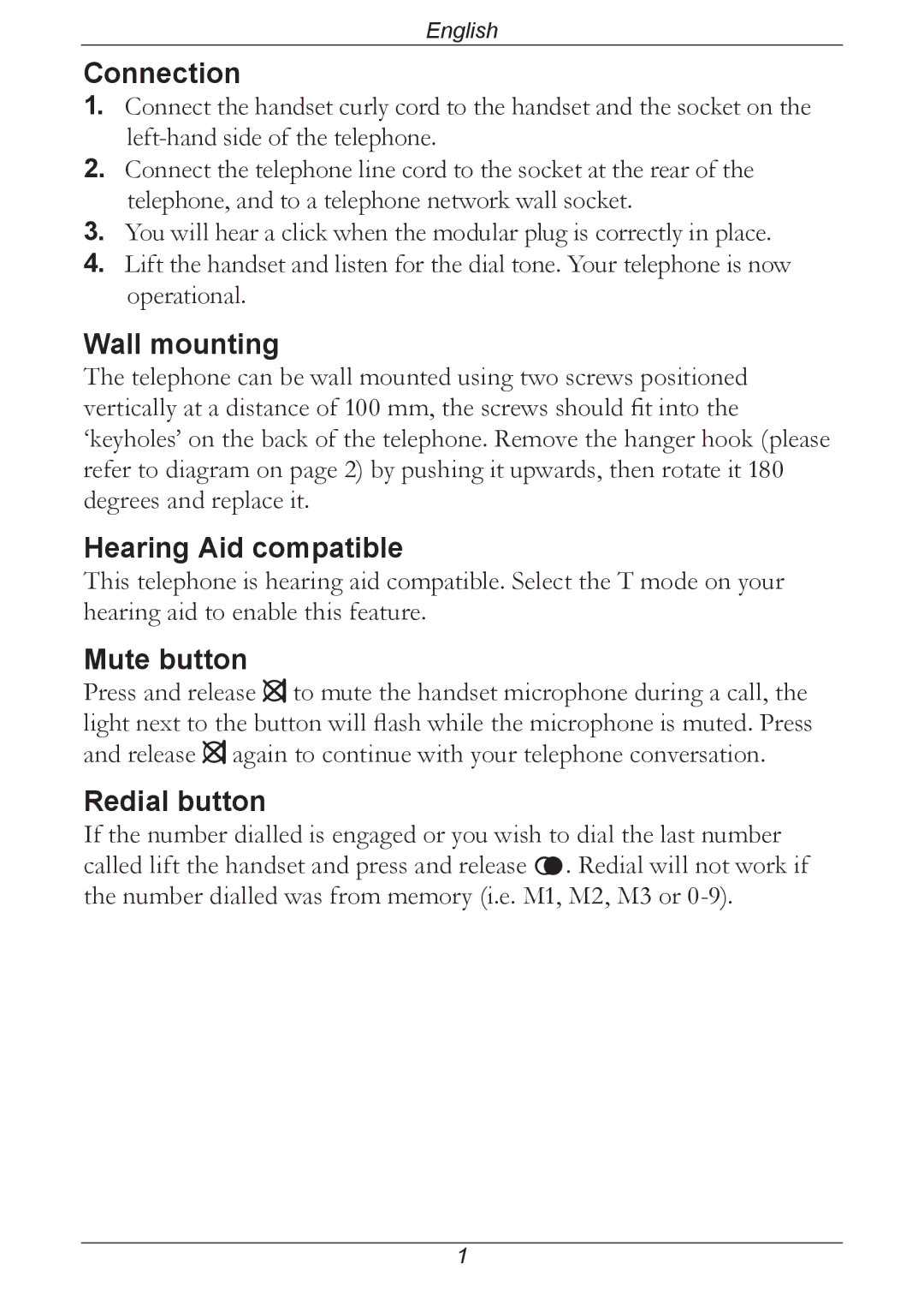 Doro 311C manual Connection, Wall mounting, Hearing Aid compatible, Mute button, Redial button 