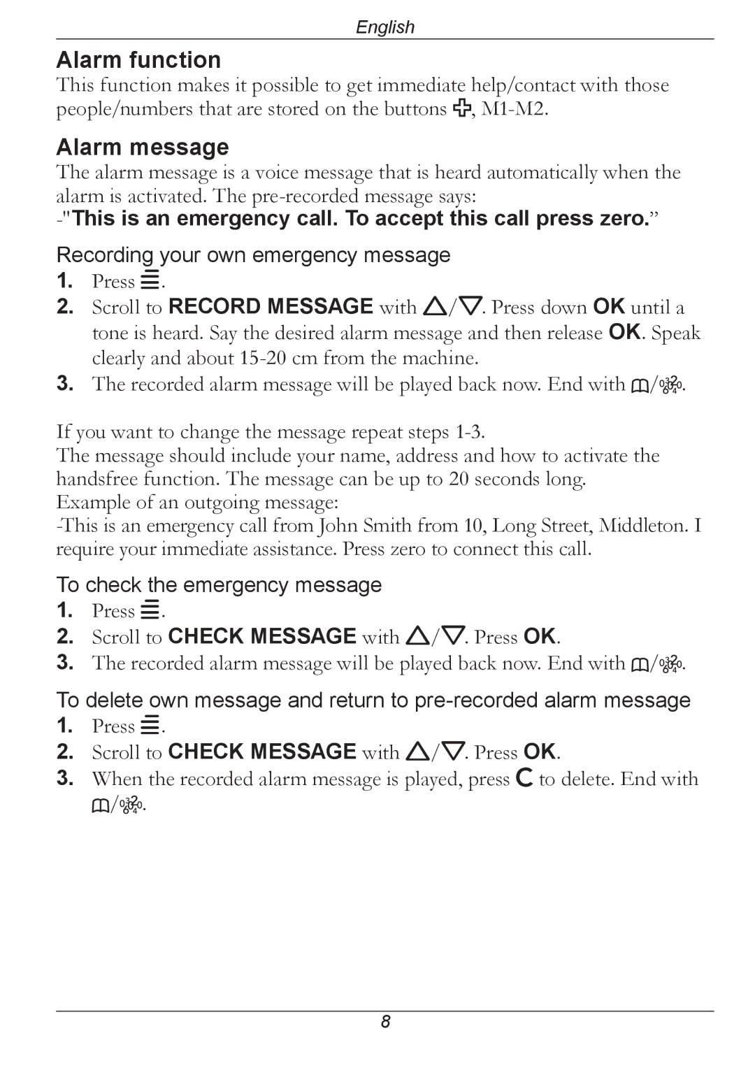 Doro 314C manual Alarm function, Alarm message 