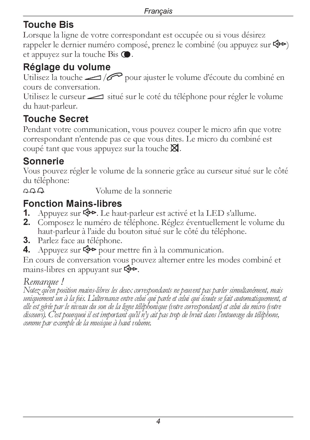 Doro 314C manual Touche Bis, Réglage du volume, Touche Secret, Sonnerie, Fonction Mains-libres 