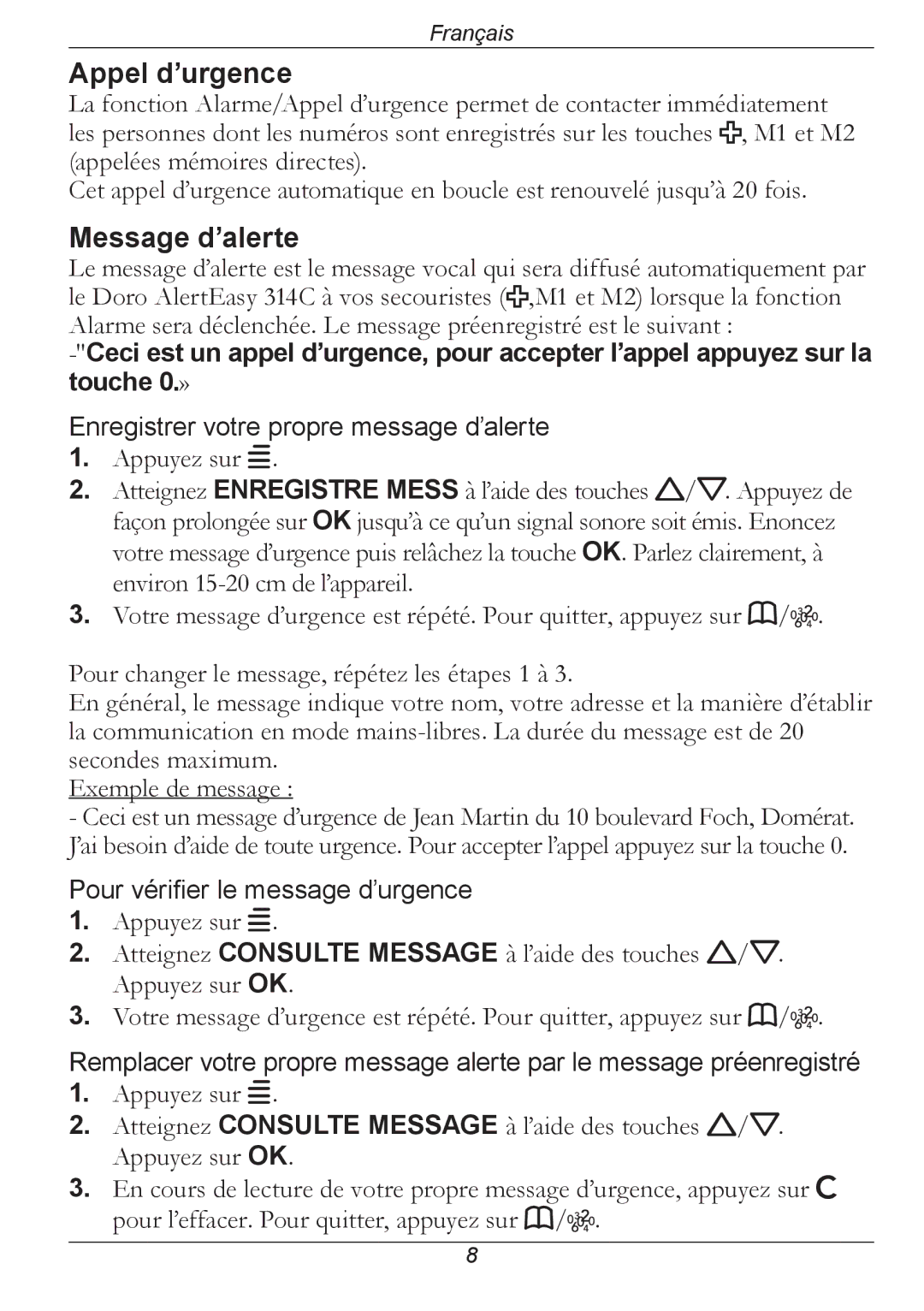 Doro 314C manual Appel d’urgence, Message d’alerte 