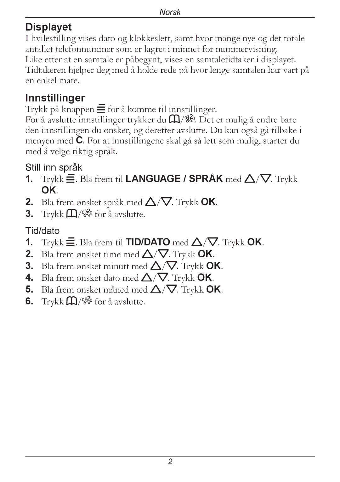 Doro 314C manual Displayet, Innstillinger 