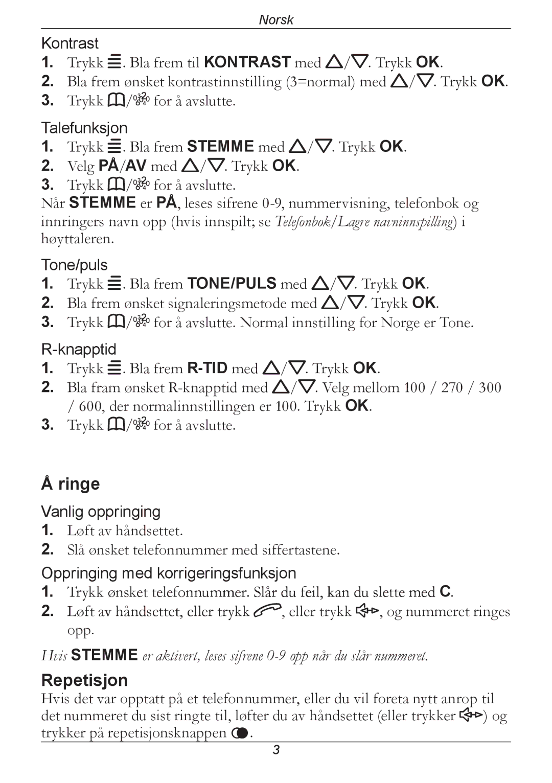 Doro 314C manual Ringe, Repetisjon 