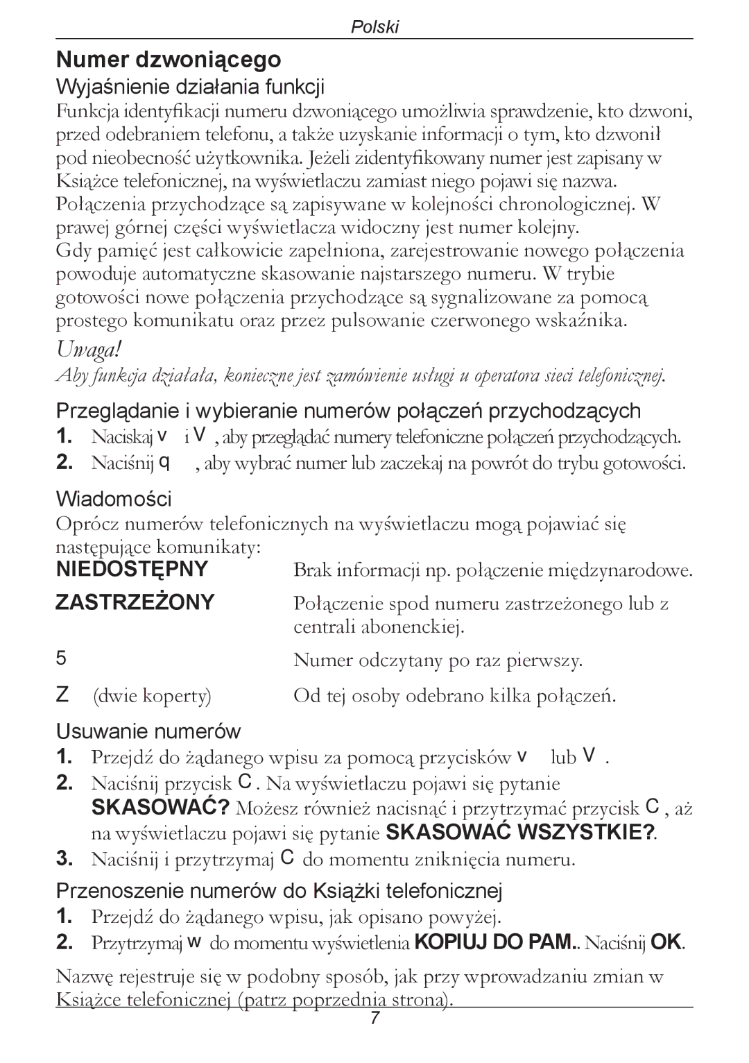 Doro 314C manual Numer dzwoniącego, Wyjaśnienie działania funkcji 