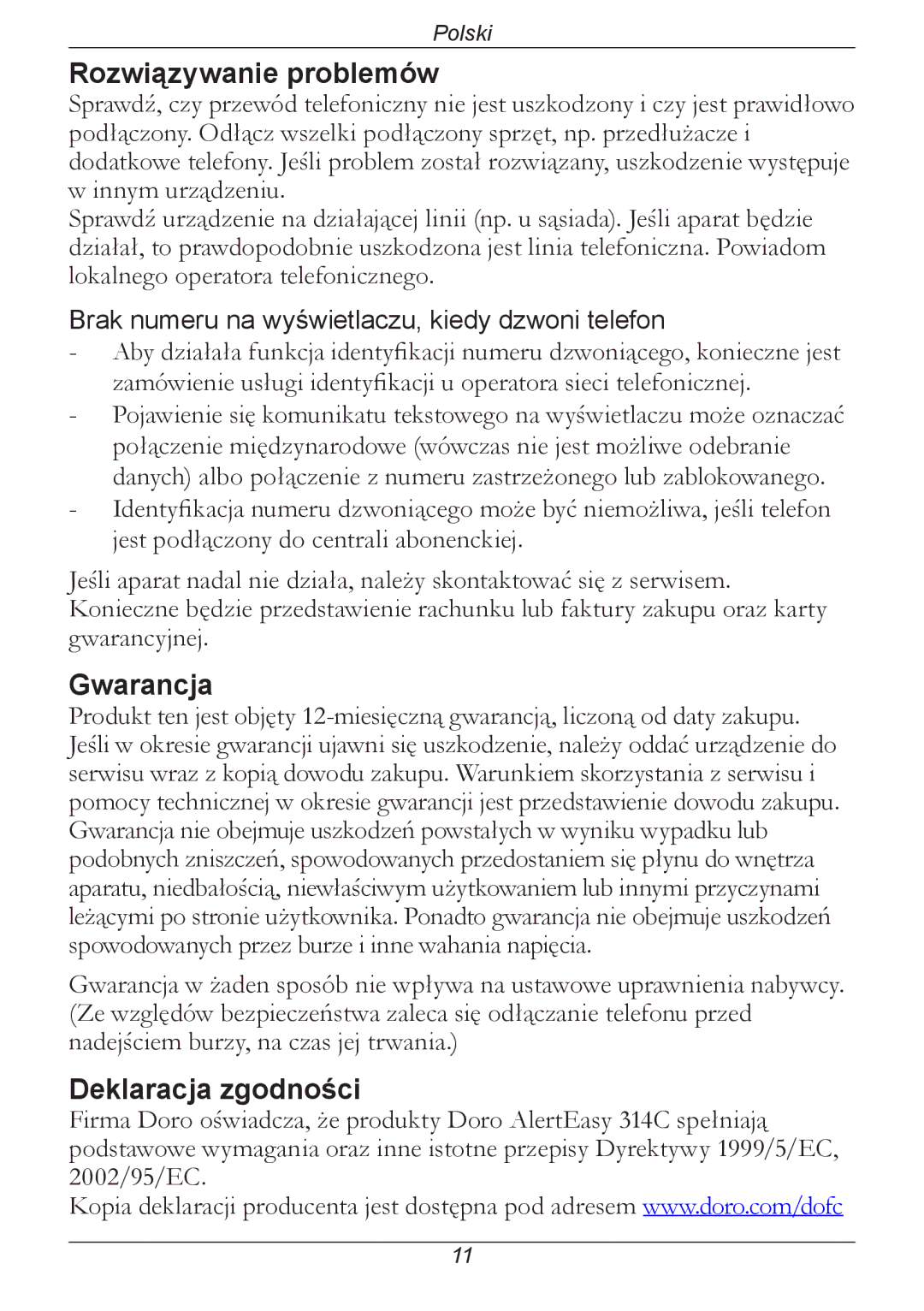 Doro 314C manual Rozwiązywanie problemów, Gwarancja, Deklaracja zgodności 