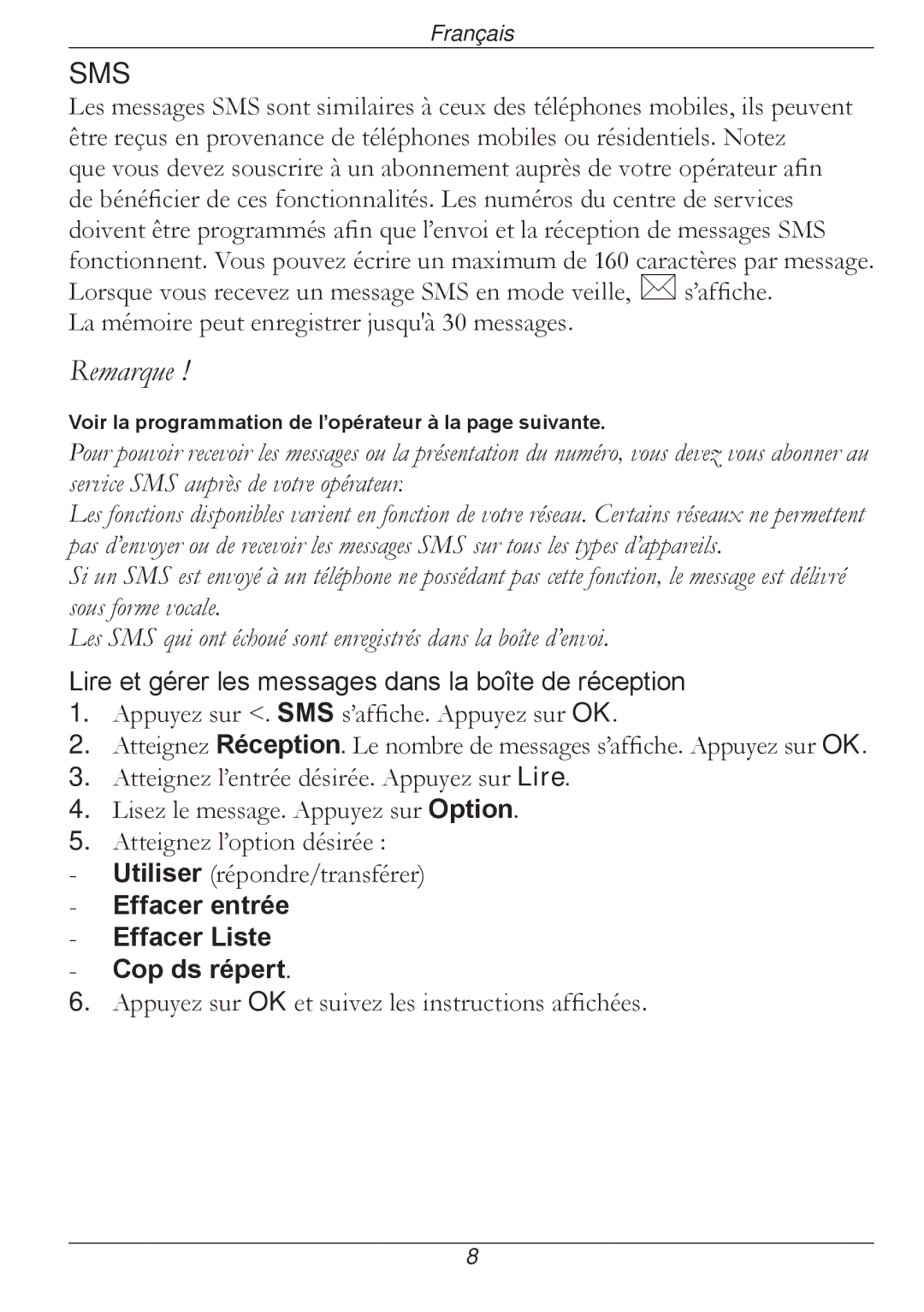 Doro 316 manual Lire et gérer les messages dans la boîte de réception, Effacer entrée Effacer Liste Cop ds répert 