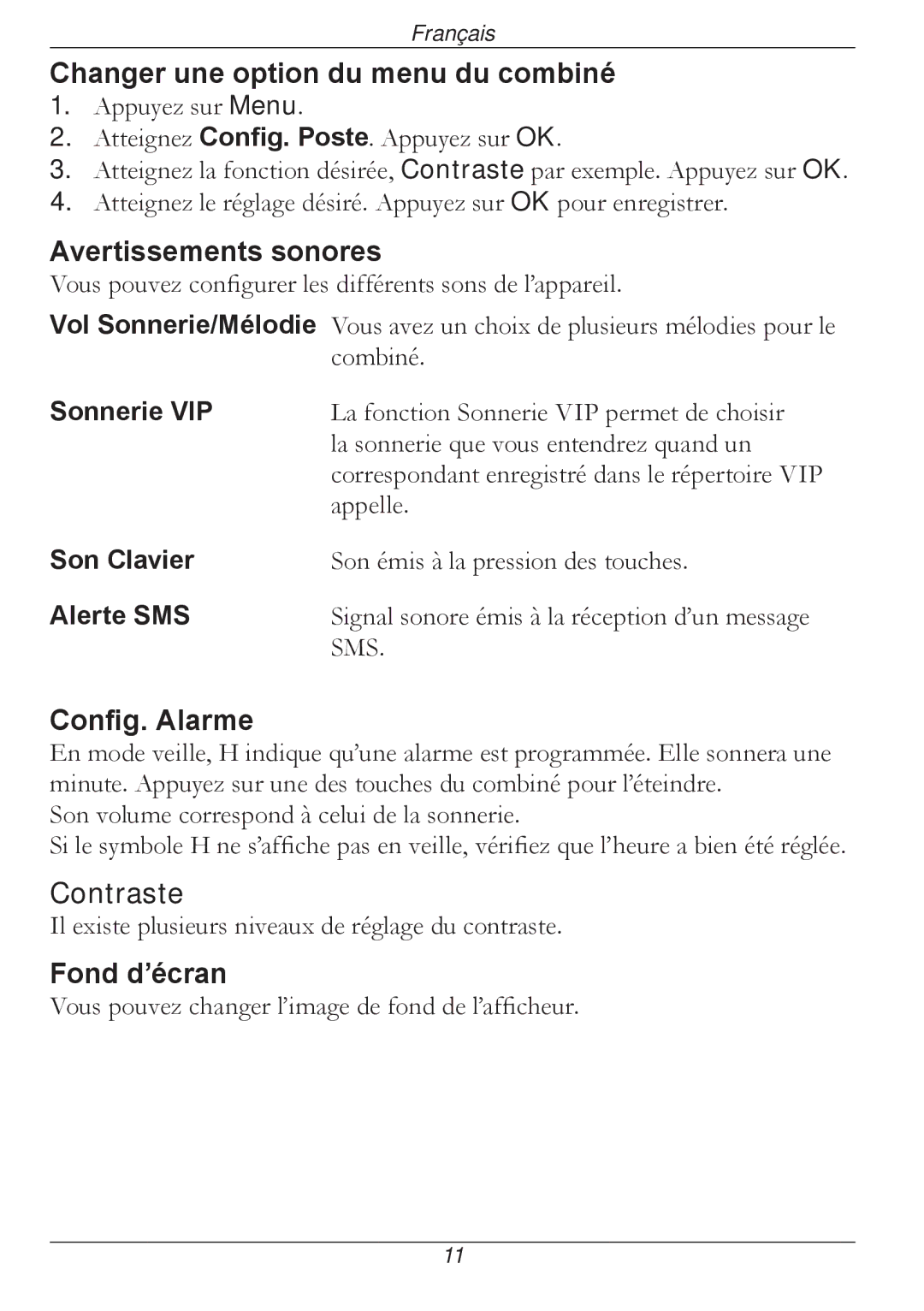 Doro 316 manual Changer une option du menu du combiné, Avertissements sonores, Config. Alarme, Contraste, Fond d’écran 