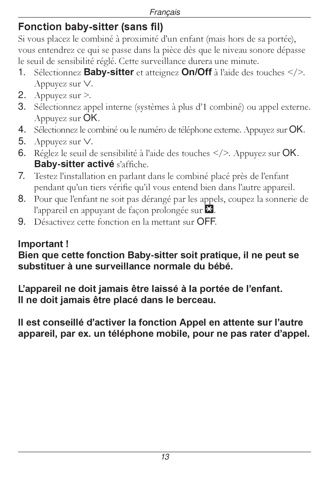 Doro 316 manual Fonction baby-sitter sans fil, Baby-sitter activé s’affiche 