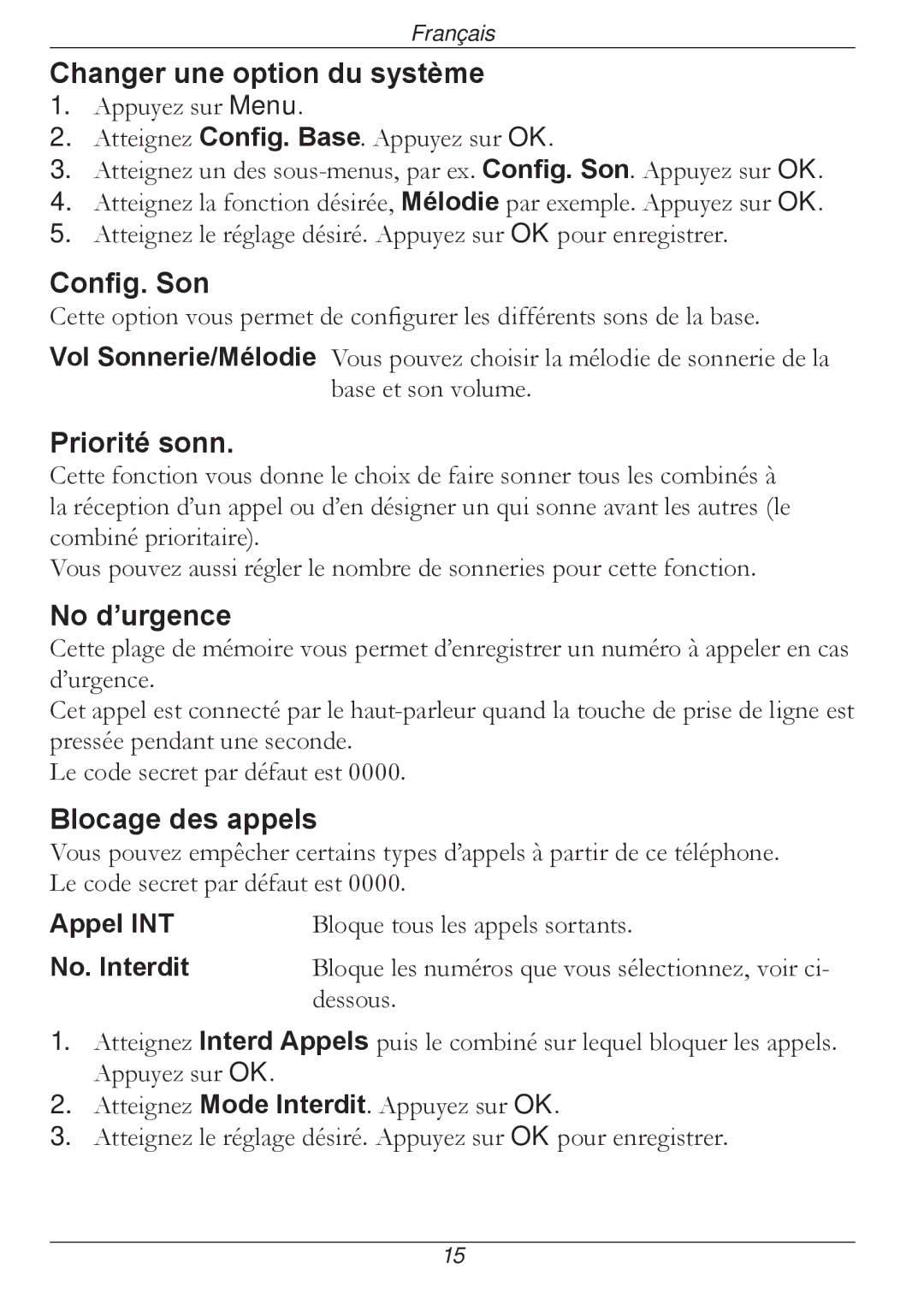 Doro 316 manual Changer une option du système, Config. Son, Priorité sonn, No d’urgence, Blocage des appels 