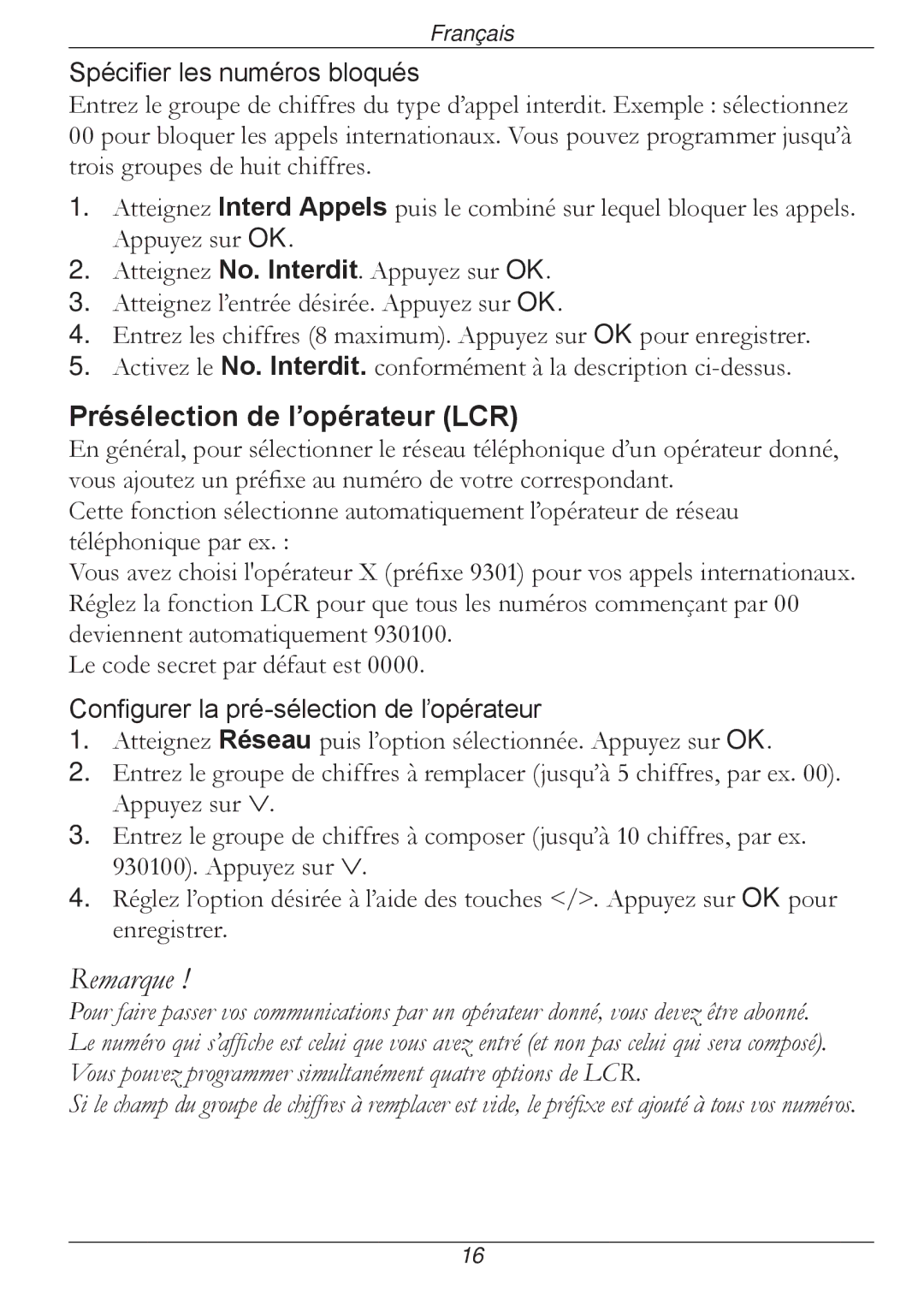 Doro 316 manual Présélection de l’opérateur LCR, Spécifier les numéros bloqués, Configurer la pré-sélection de l’opérateur 