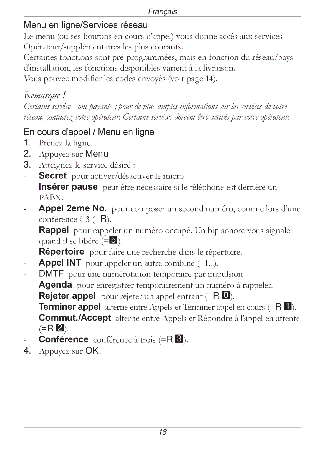 Doro 316 manual Menu en ligne/Services réseau, En cours d’appel / Menu en ligne 