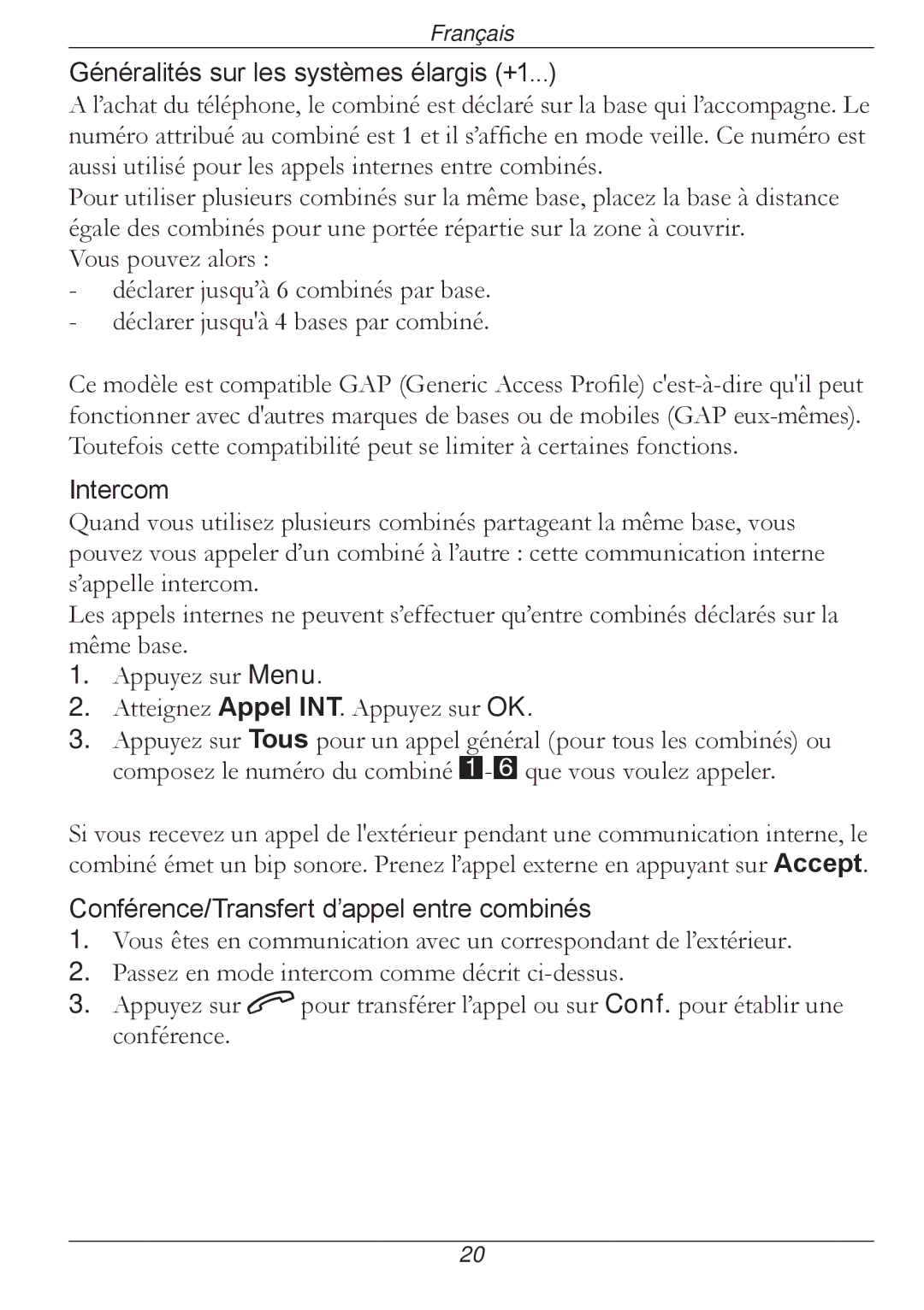 Doro 316 manual Généralités sur les systèmes élargis +1, Intercom, Conférence/Transfert d’appel entre combinés 