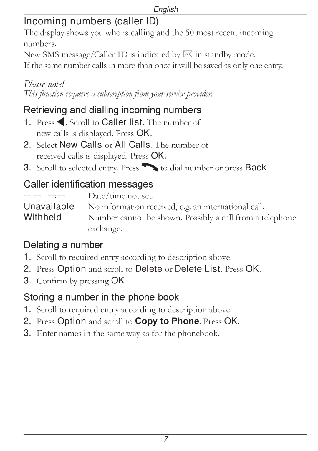 Doro 316 manual Incoming numbers caller ID, Retrieving and dialling incoming numbers, Caller identification messages 